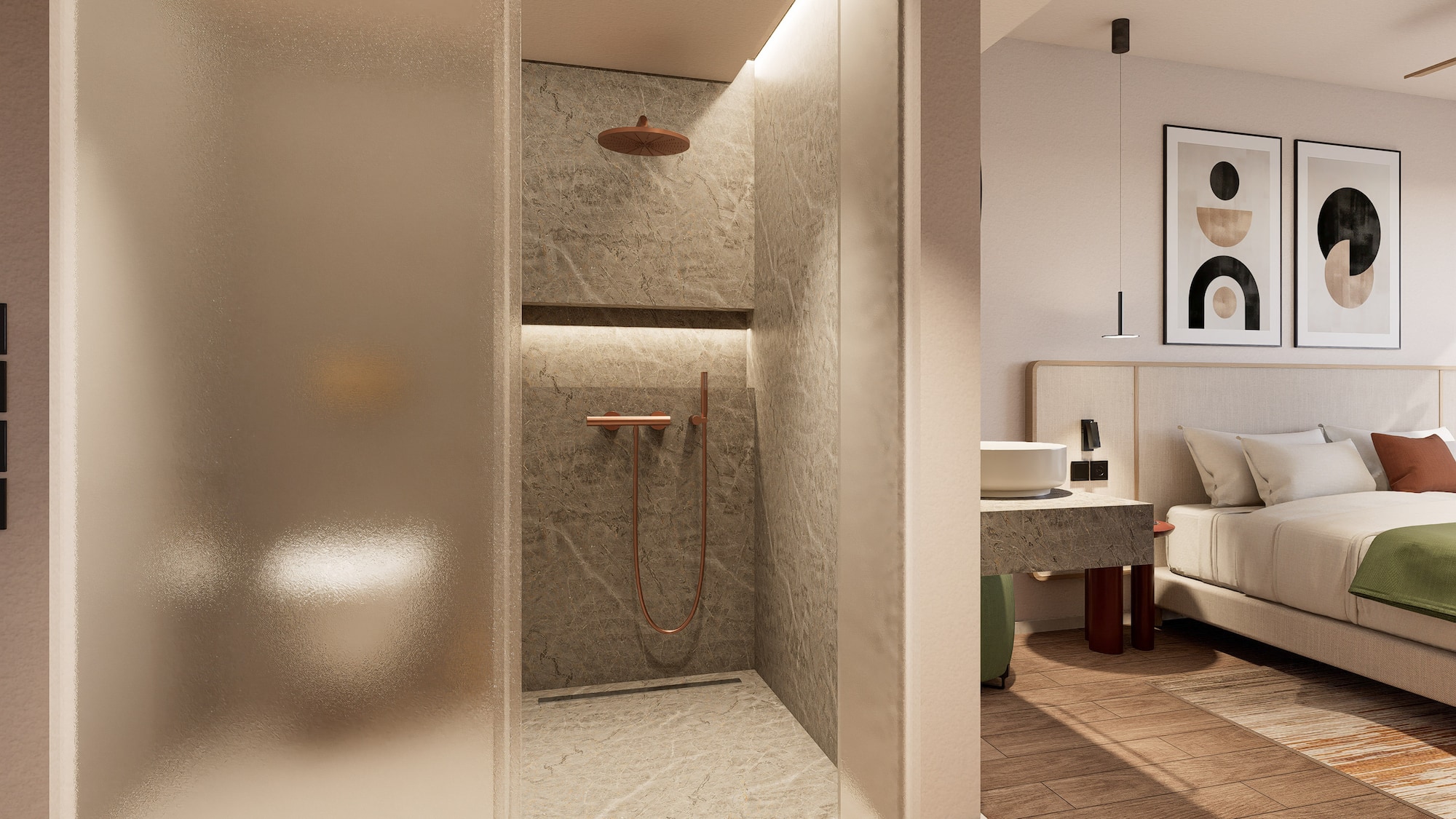 a bathroom with a shower and a bed