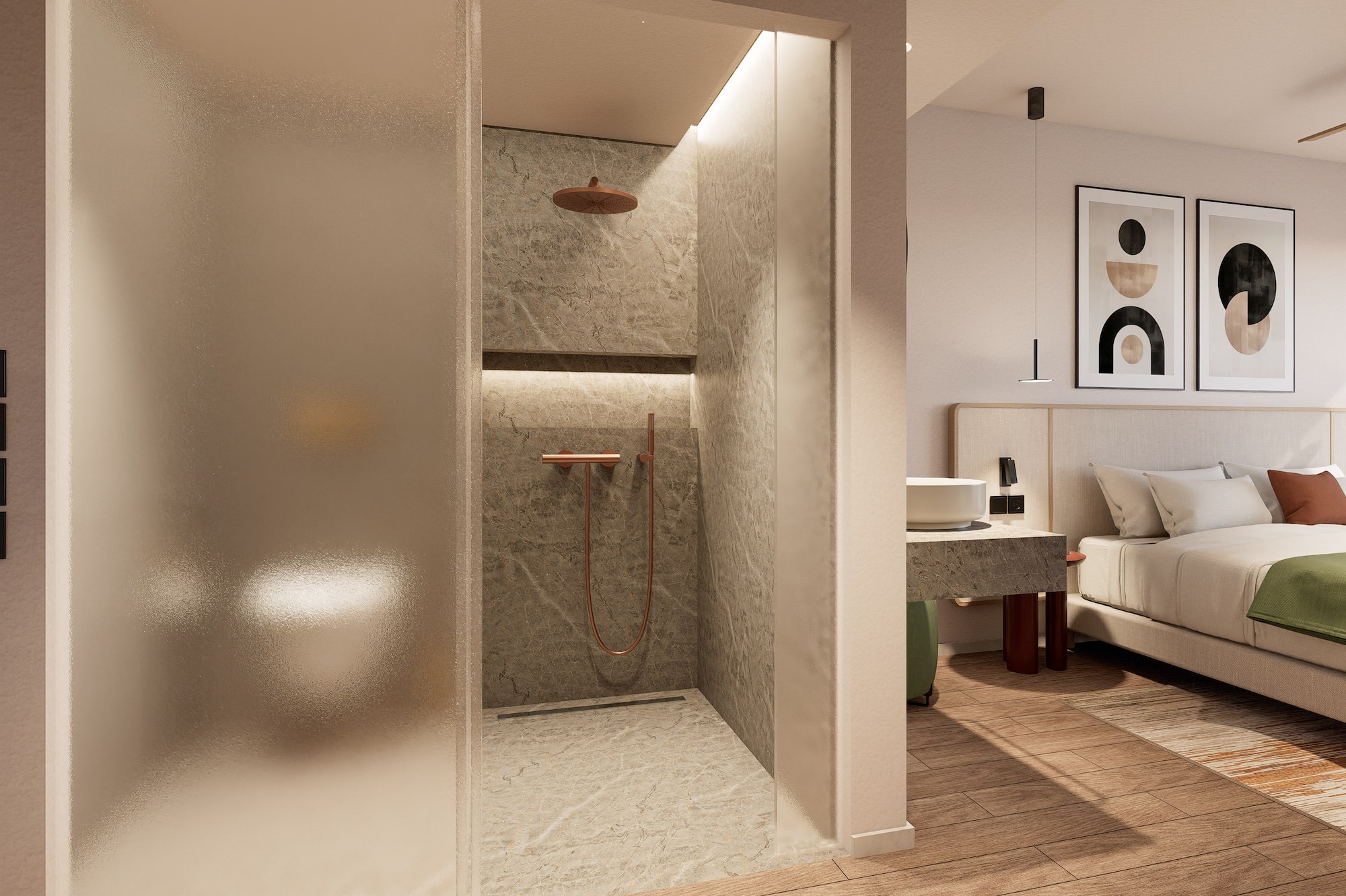 a bathroom with a shower and a bed