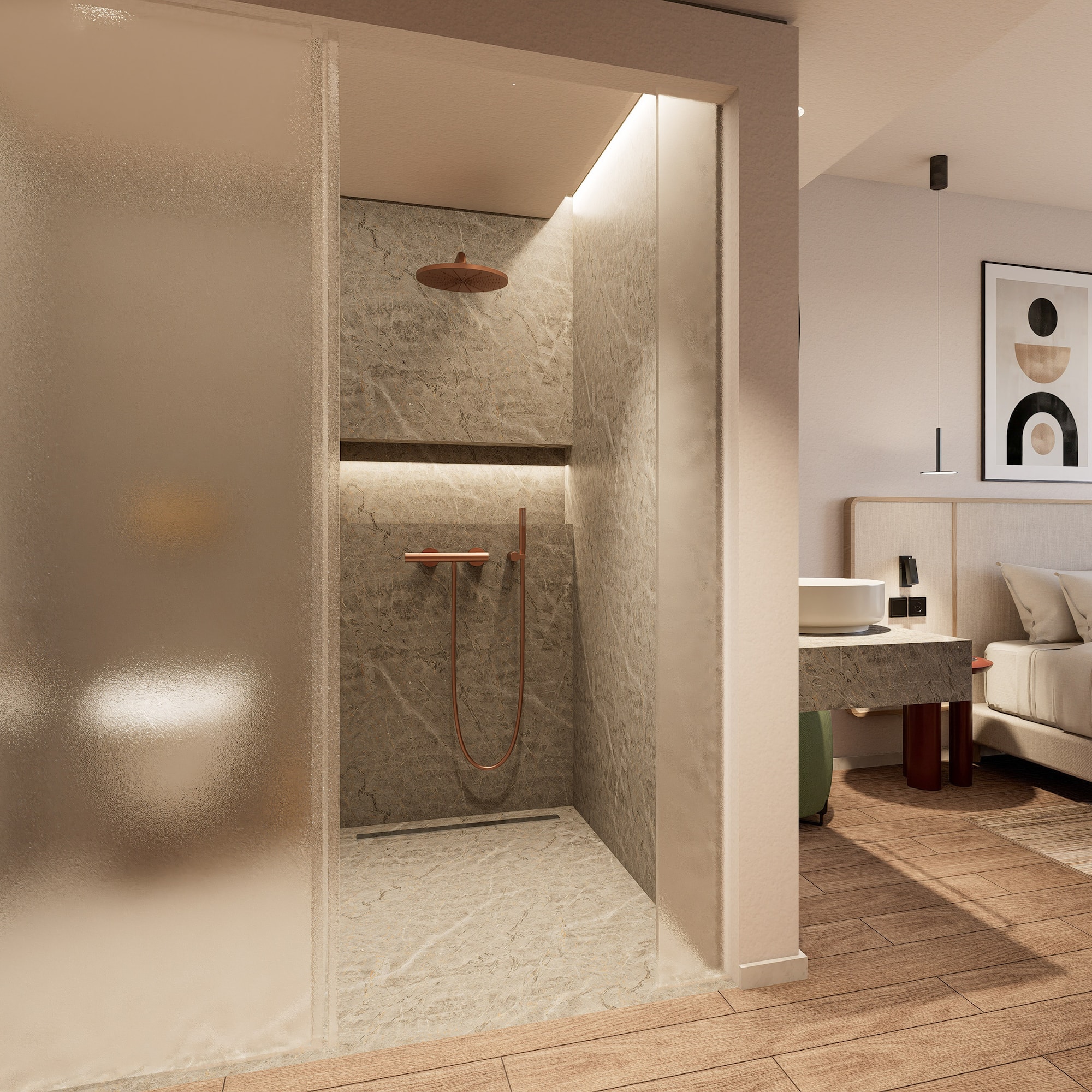 a bathroom with a shower and a bed