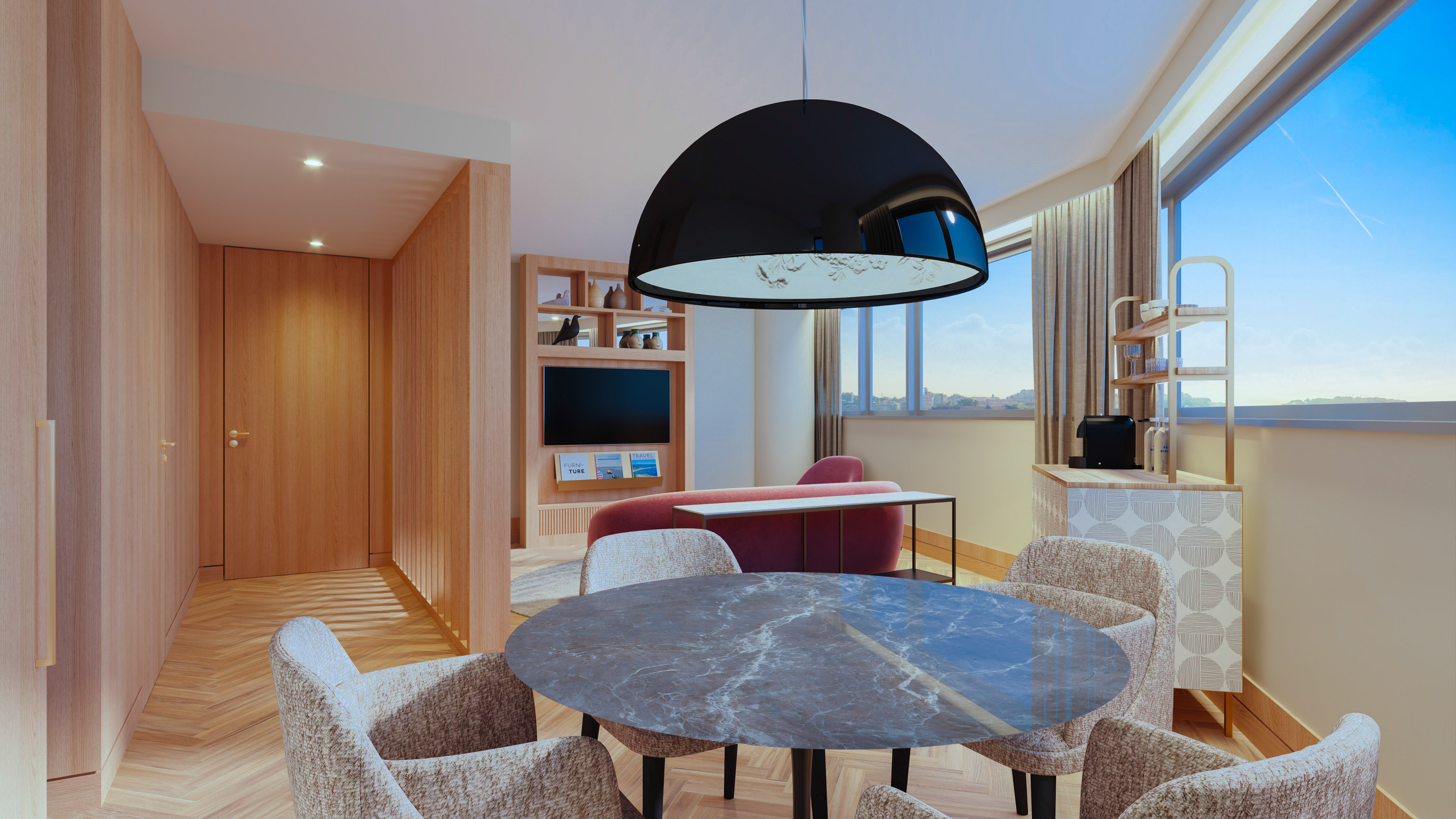 a room with a table and chairs