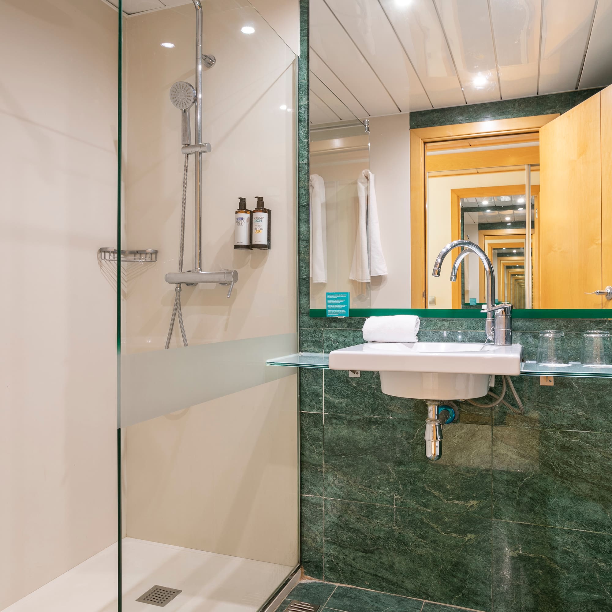 a bathroom with a glass shower and sink