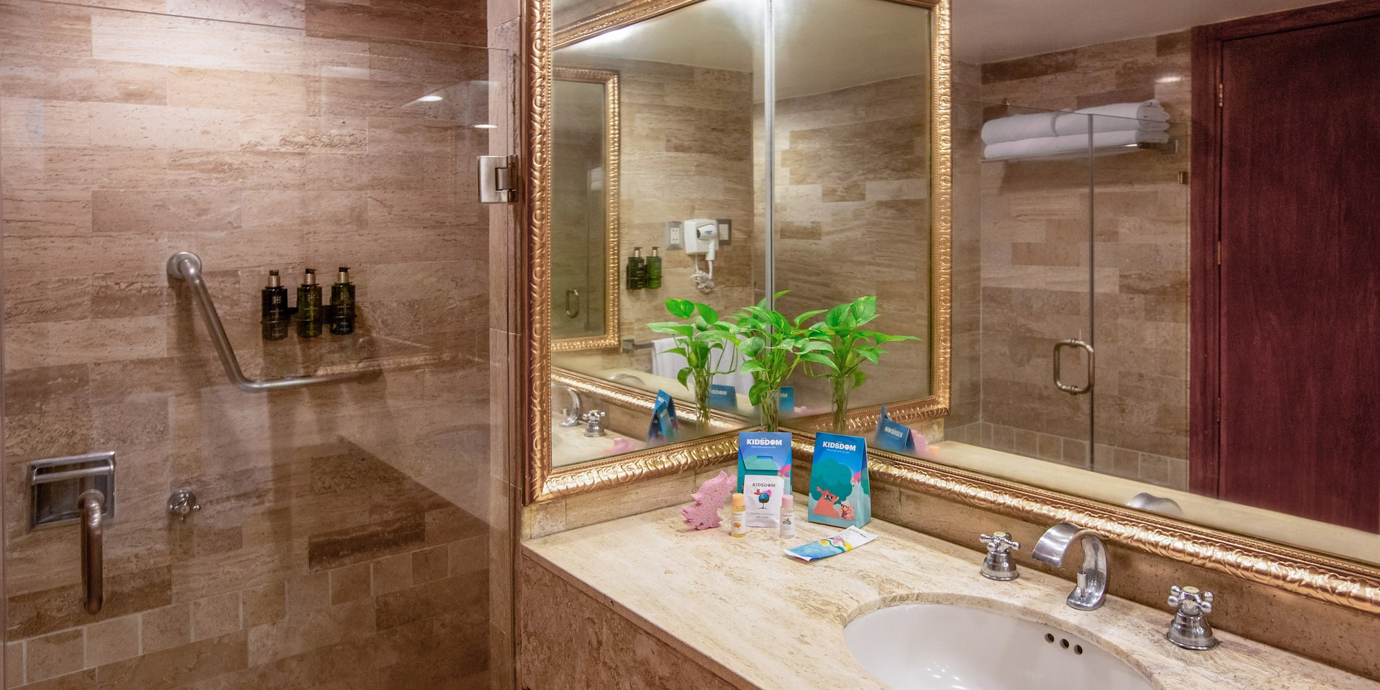 a bathroom with a mirror and a sink