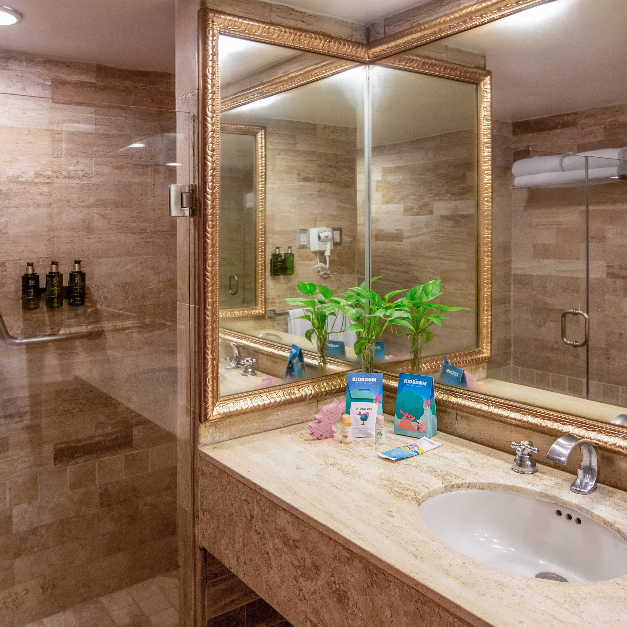a bathroom with a mirror and a sink
