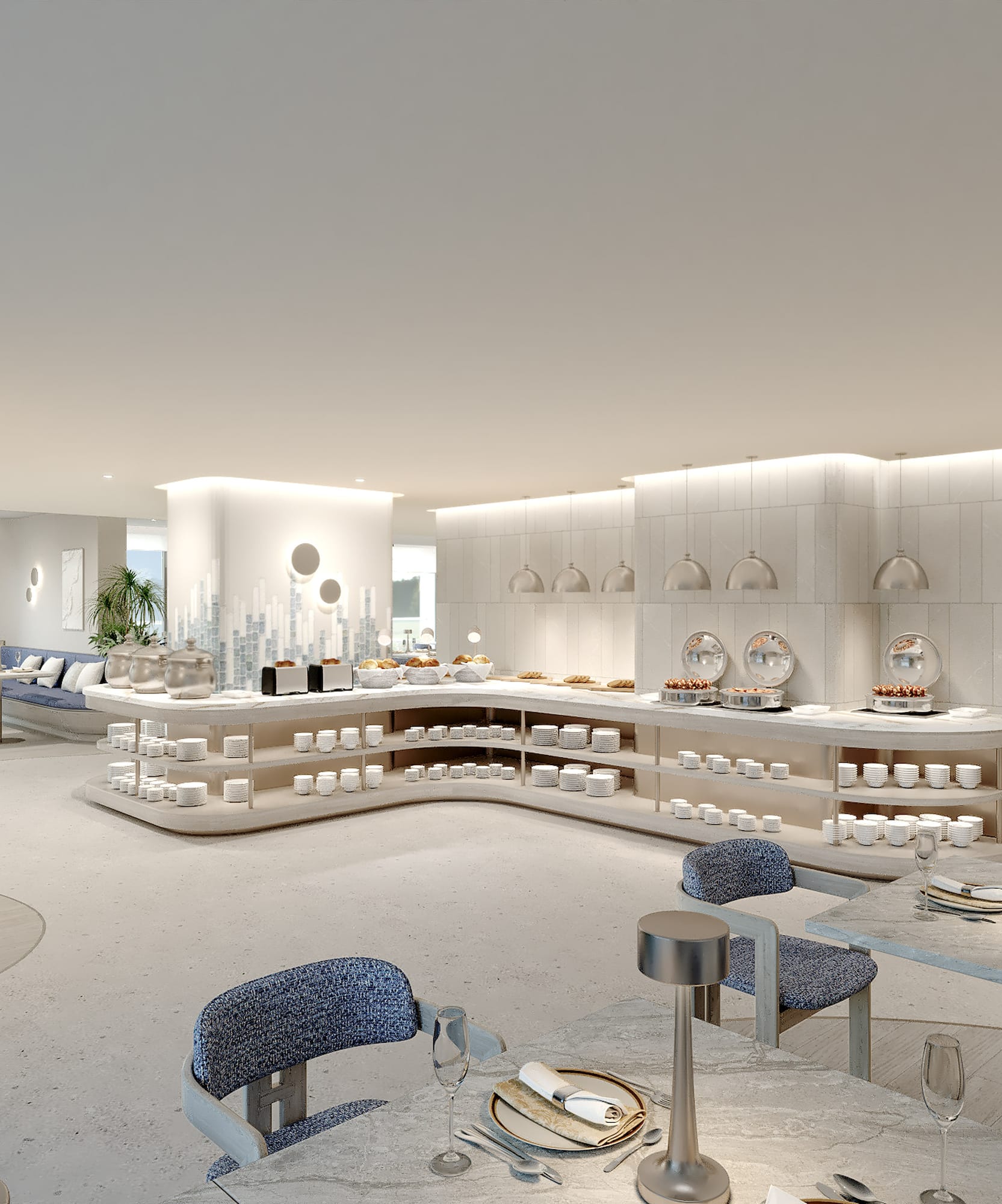 a room with a buffet and a table