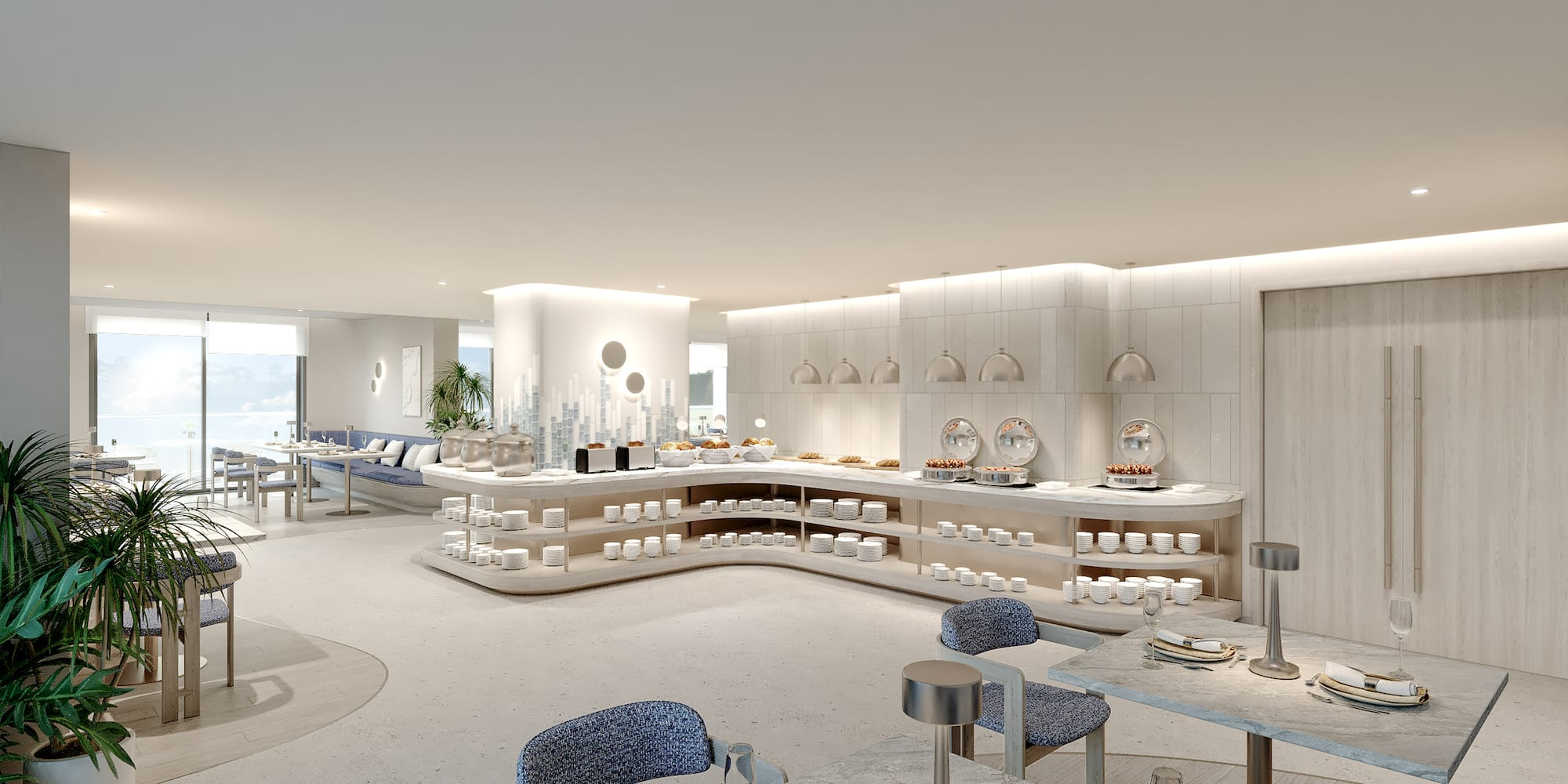 a room with a buffet and a table