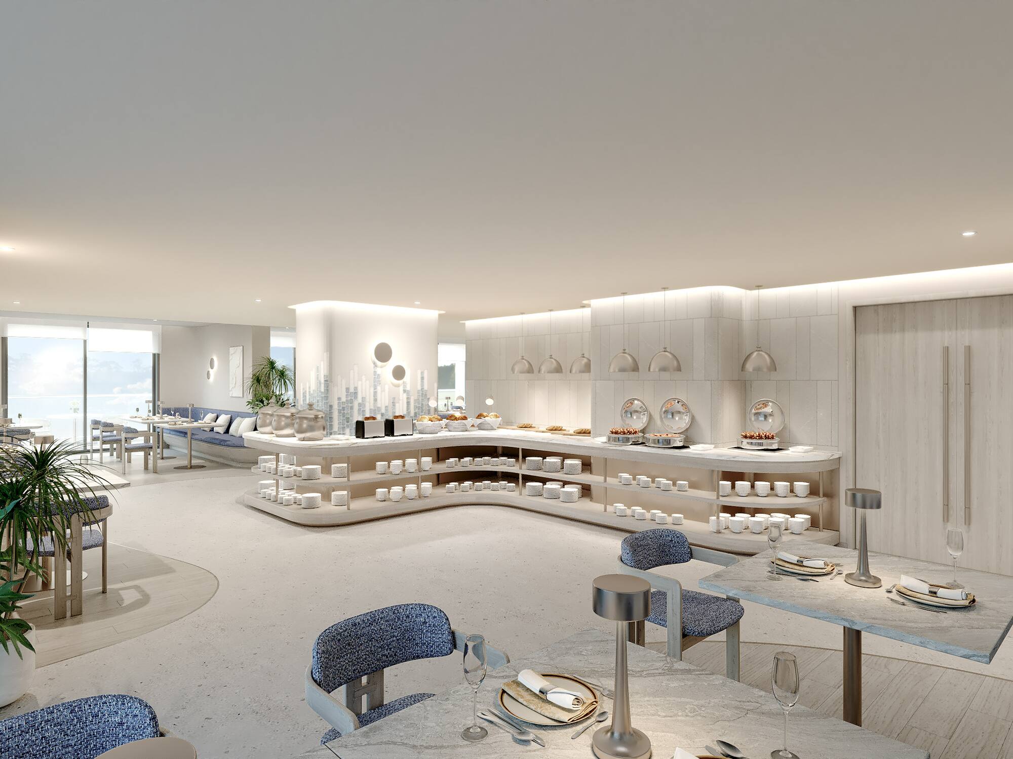 a room with a buffet and a table