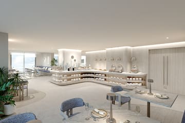 a room with a buffet and a table