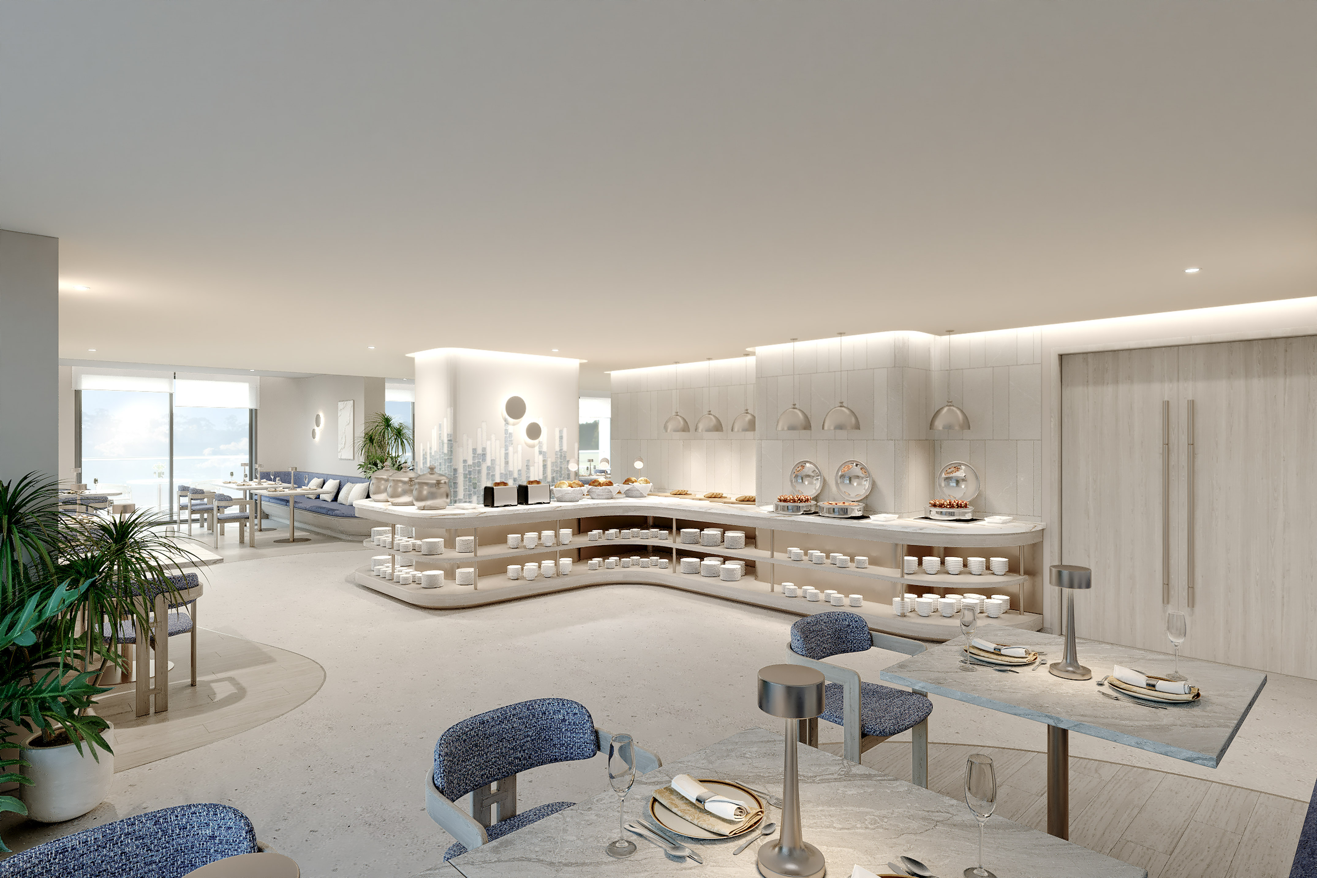 Modern hotel restaurant buffet with prepared dining tables and scenic views.