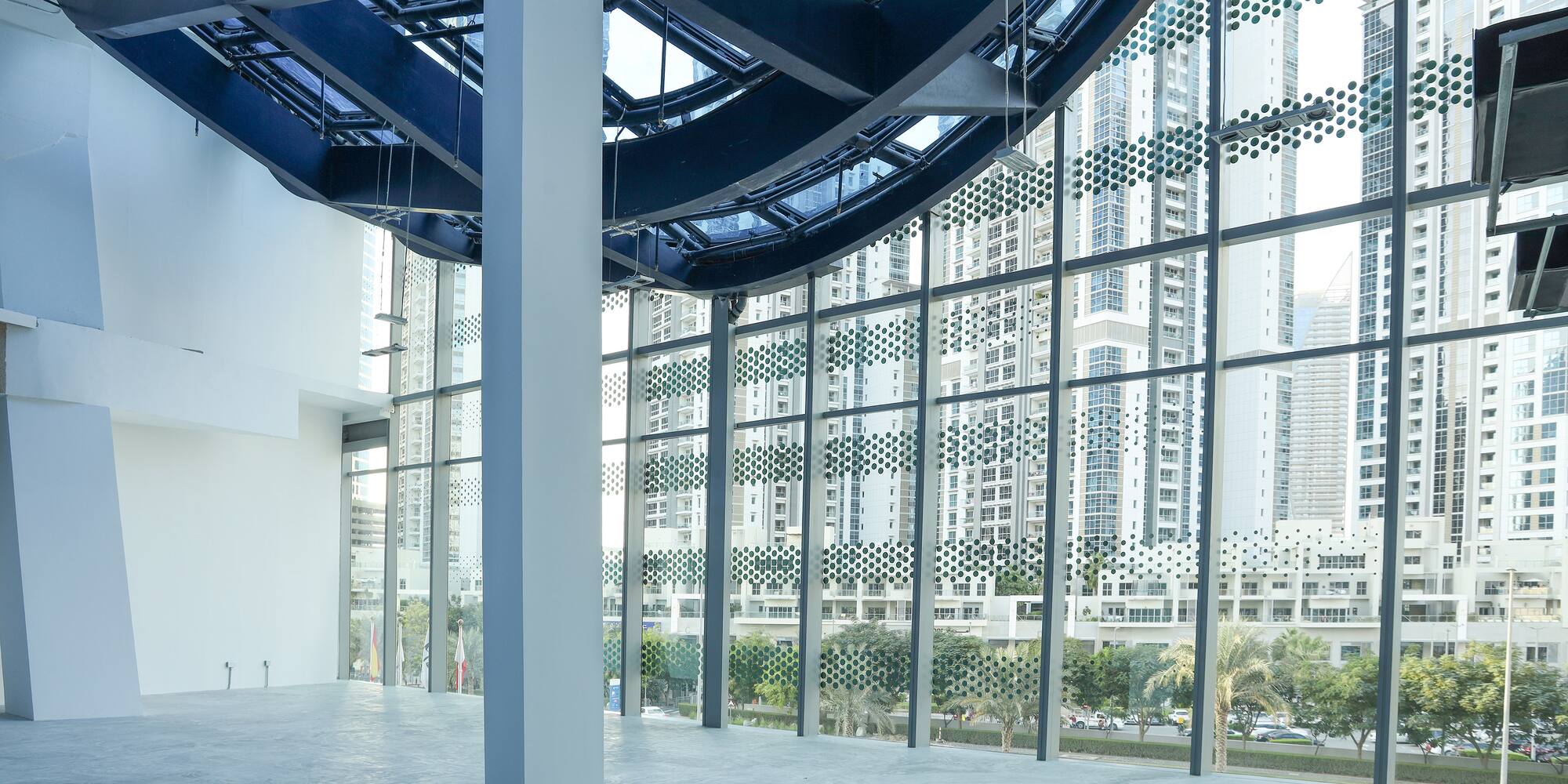 a large room with large windows