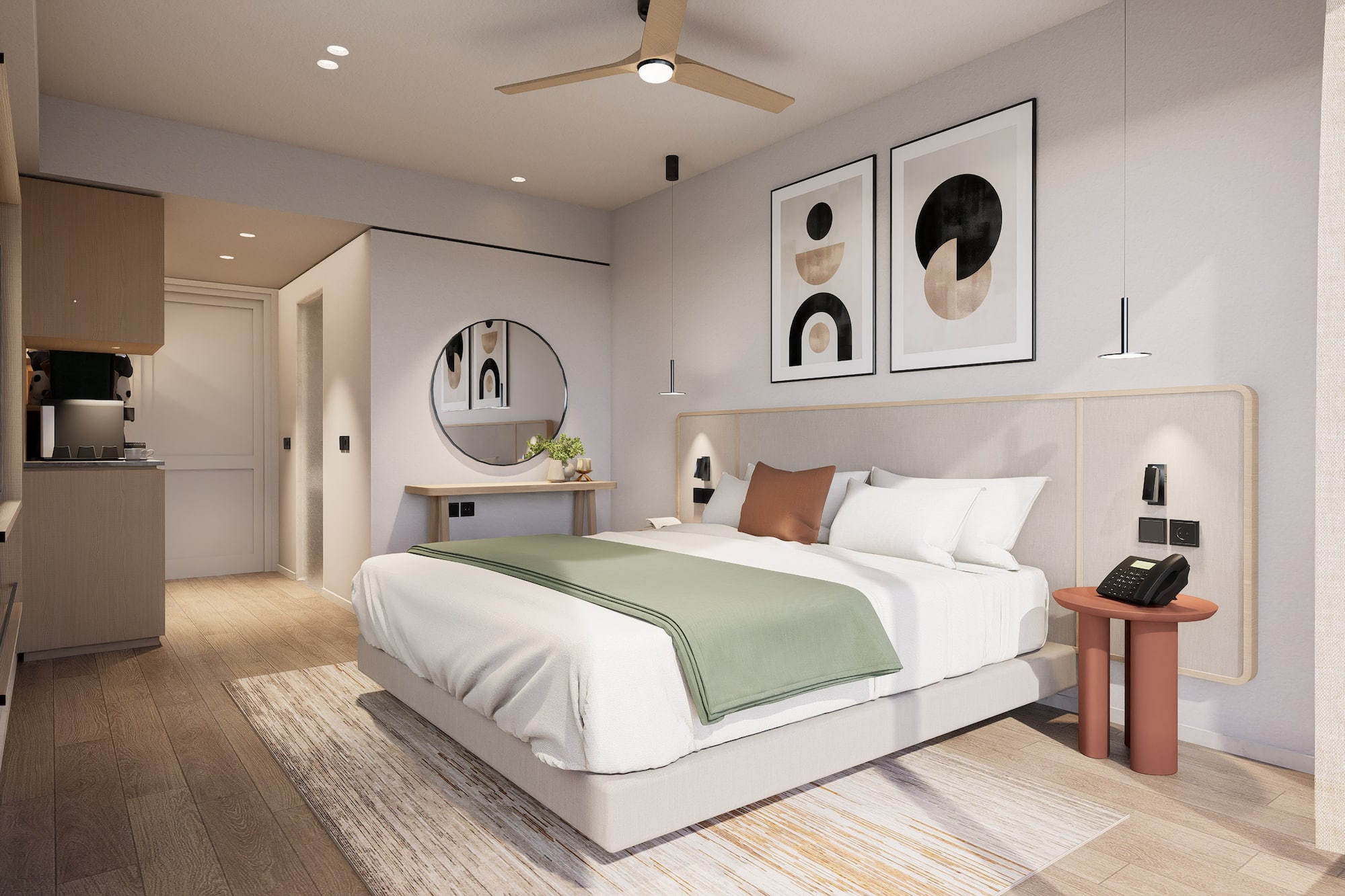 a bedroom with a bed and artwork on the wall