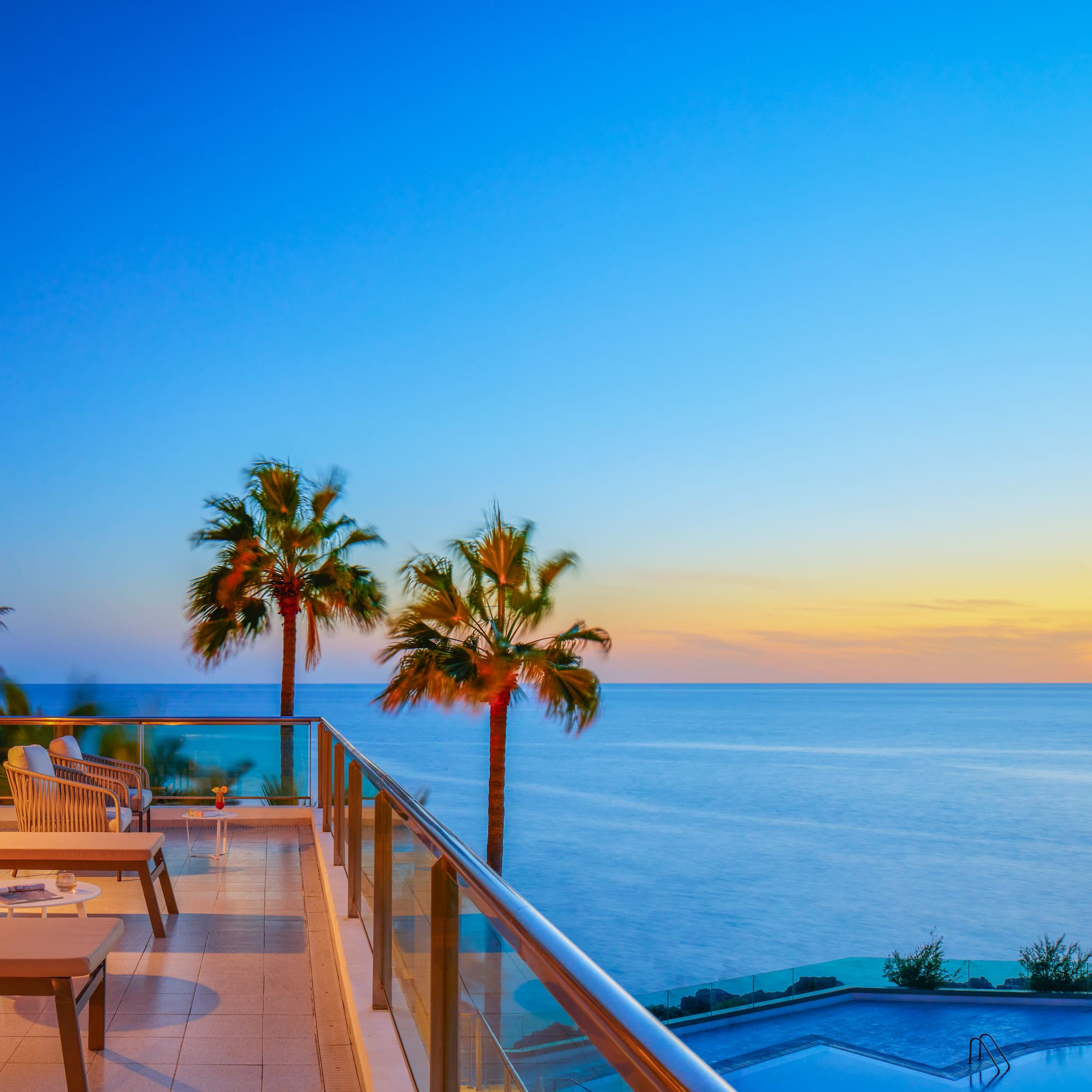 a deck with a pool and palm trees
