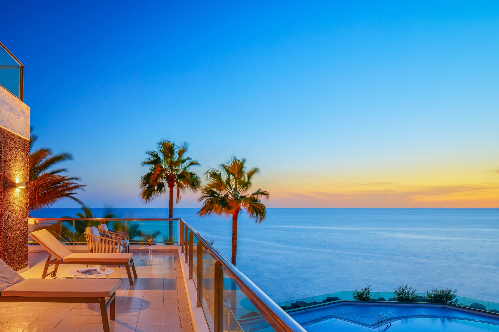 a deck with a pool and palm trees