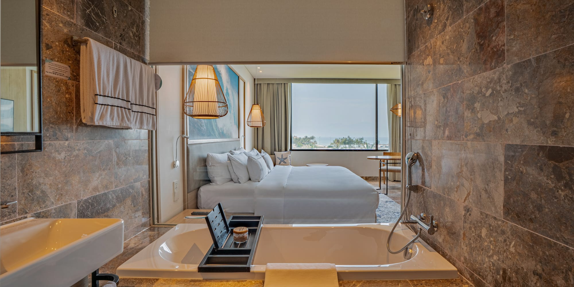 a bathroom with a bed and a bathtub