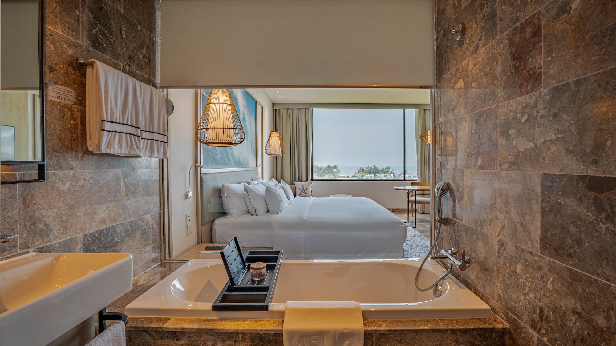 a bathroom with a bed and a bathtub