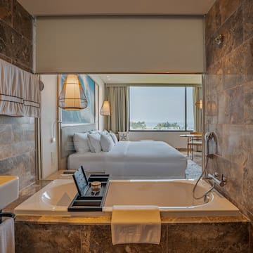 a bathroom with a bed and a bathtub