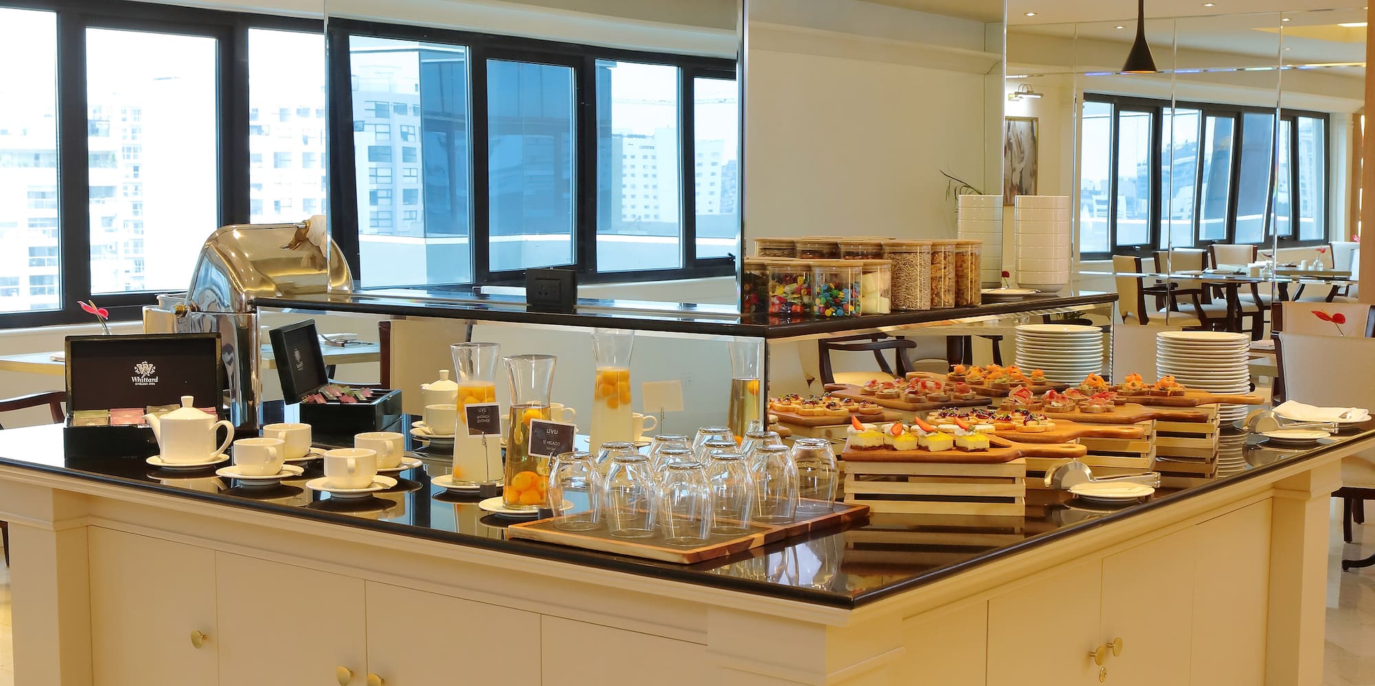 a buffet table with food on it