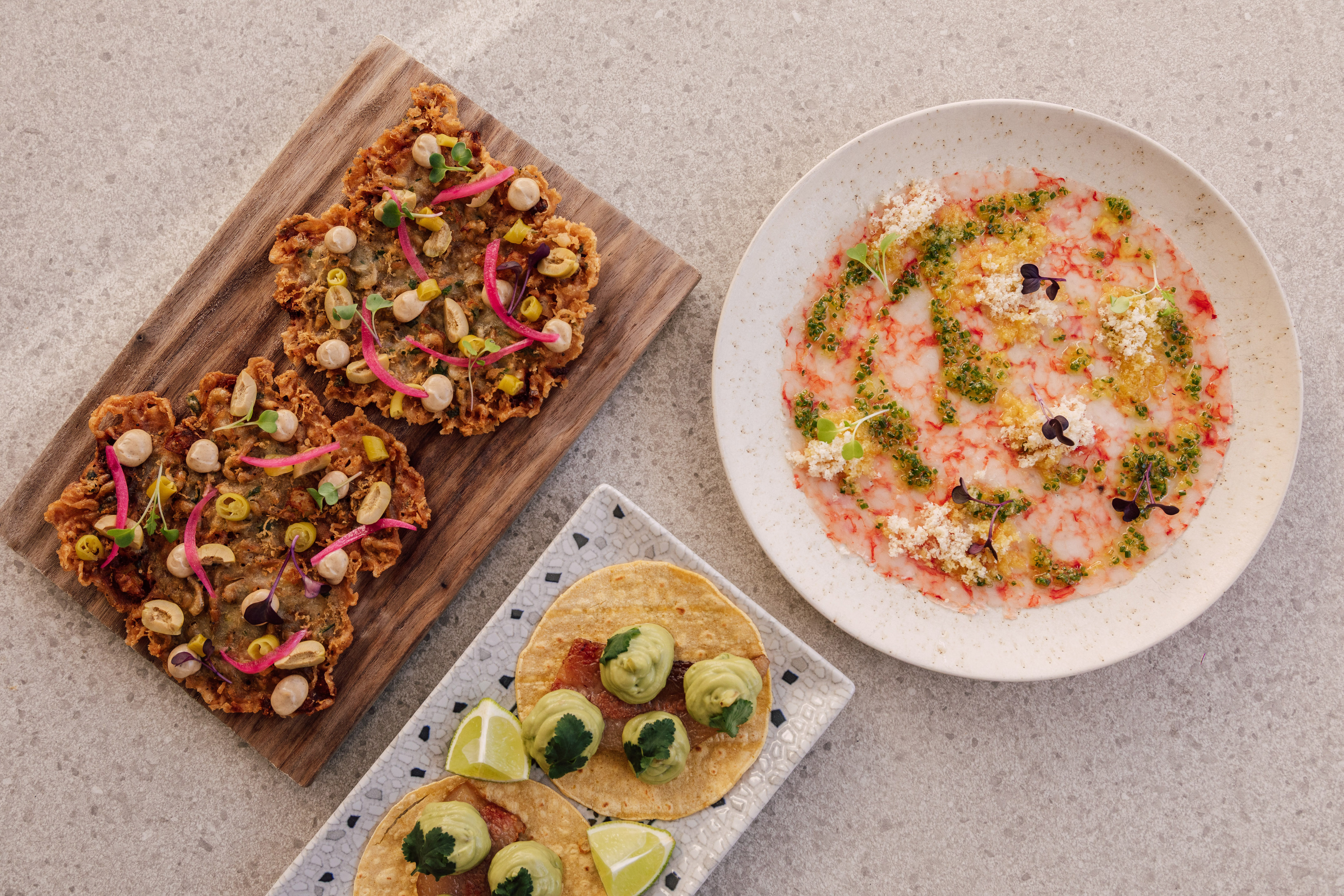 Gourmet seafood carpaccio, loaded fritters, and avocado tacos.