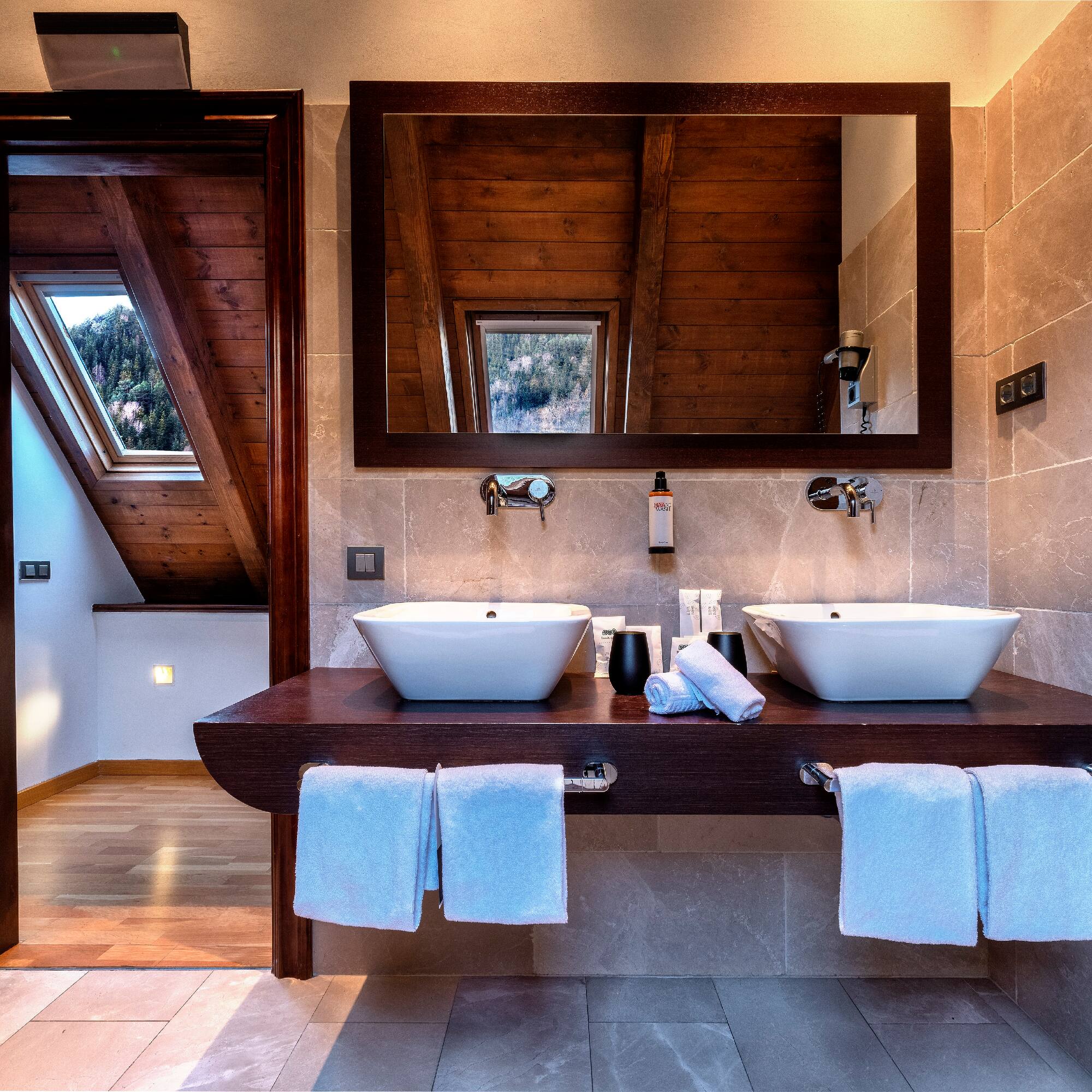 a bathroom with two sinks and a mirror