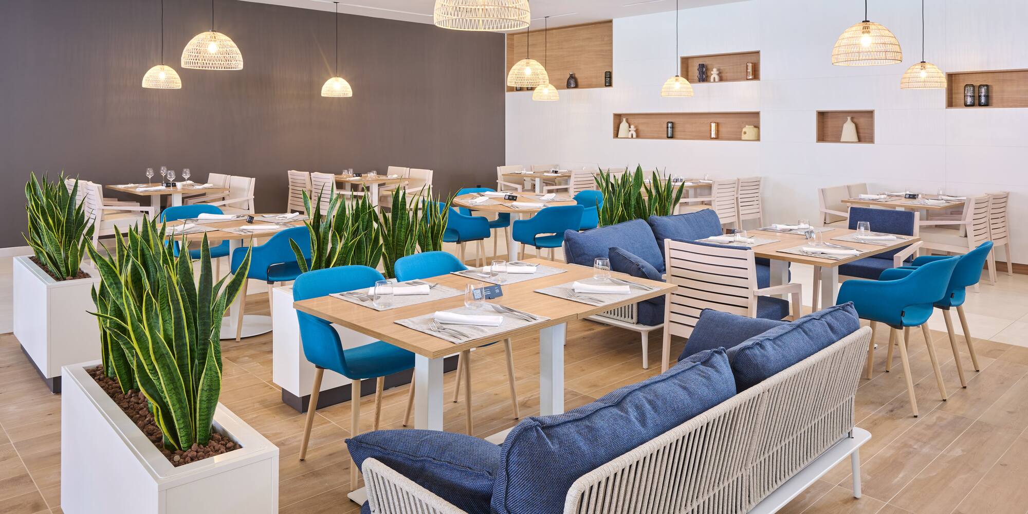 a room with tables and chairs