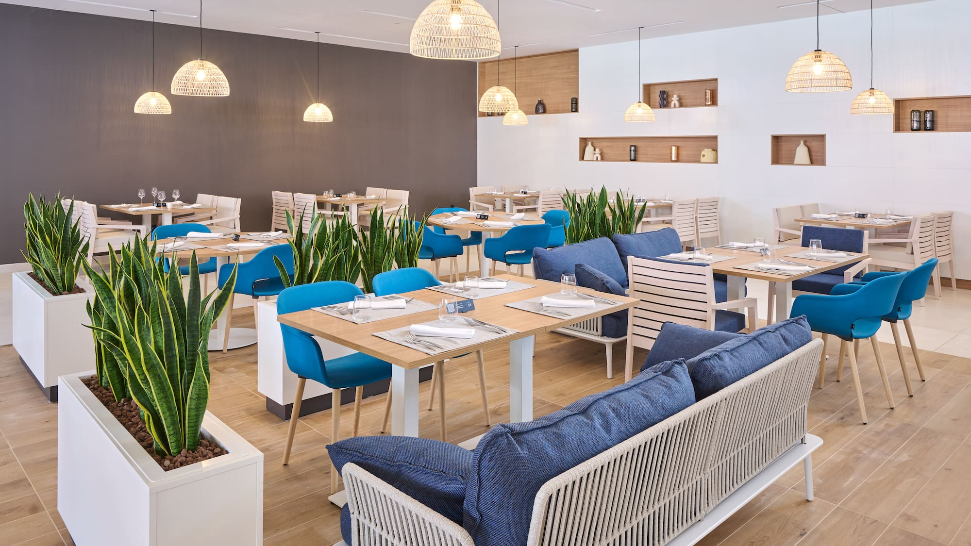 a room with tables and chairs