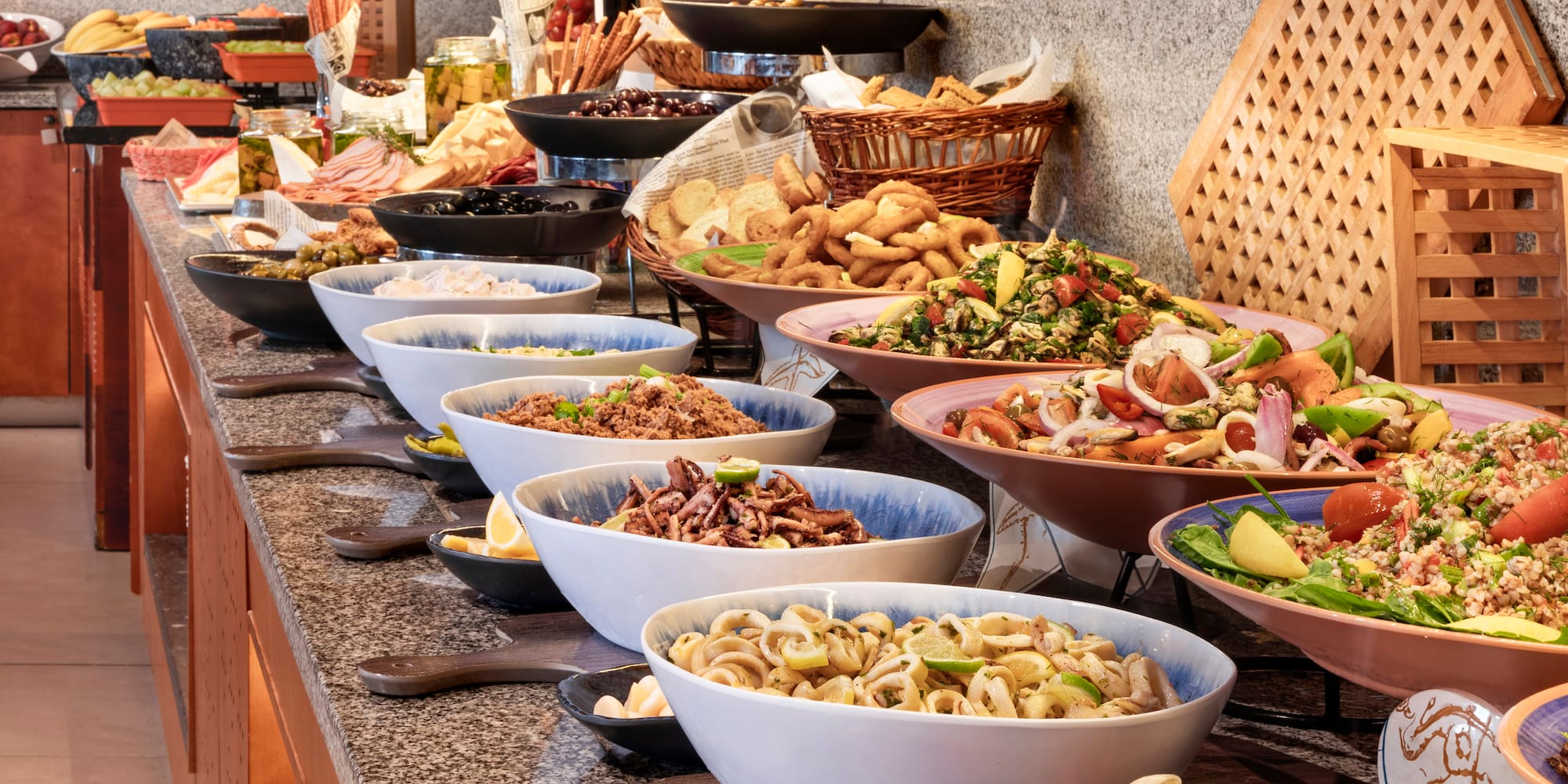 a buffet table full of food