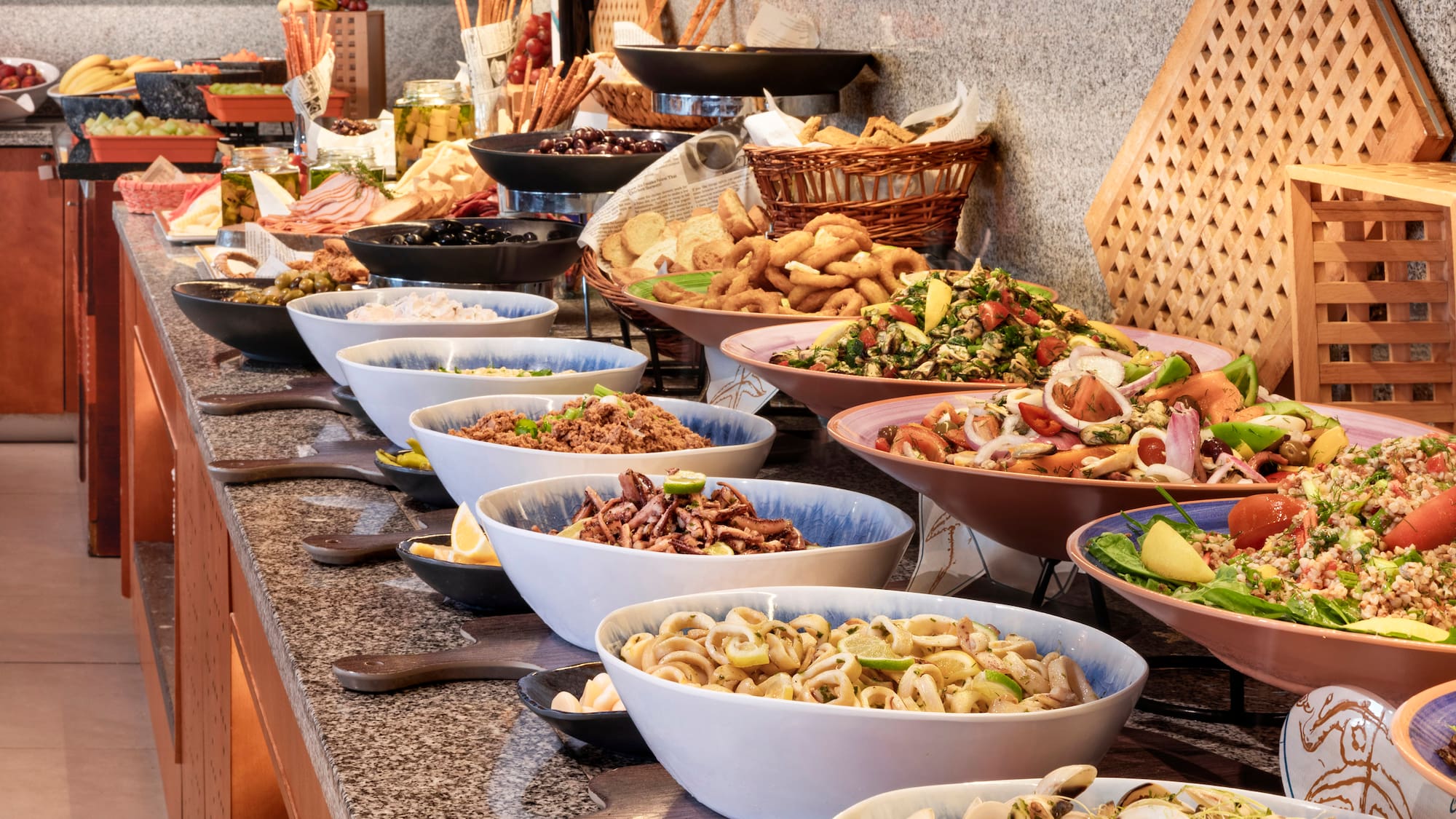 a buffet table full of food