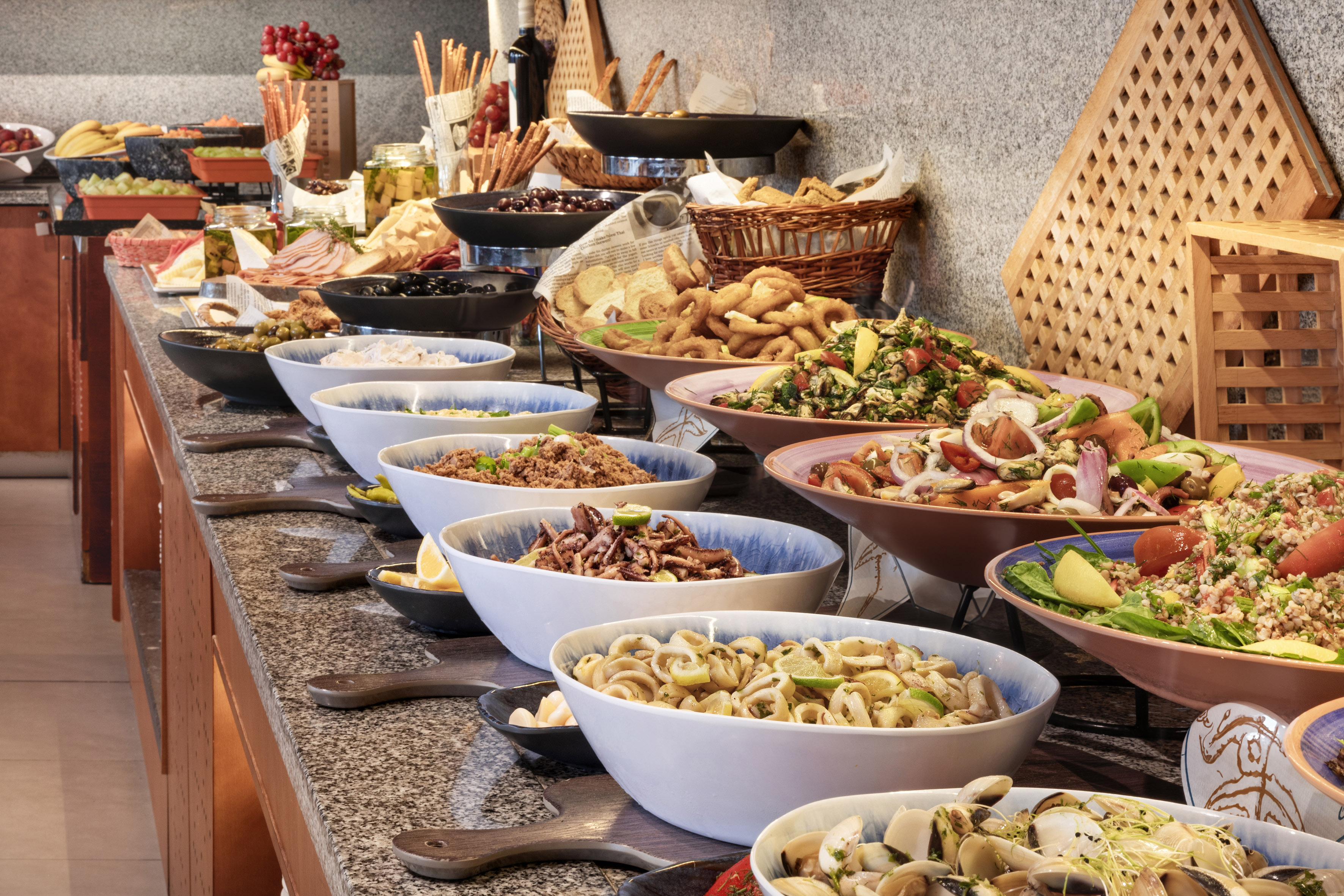 a buffet table full of food