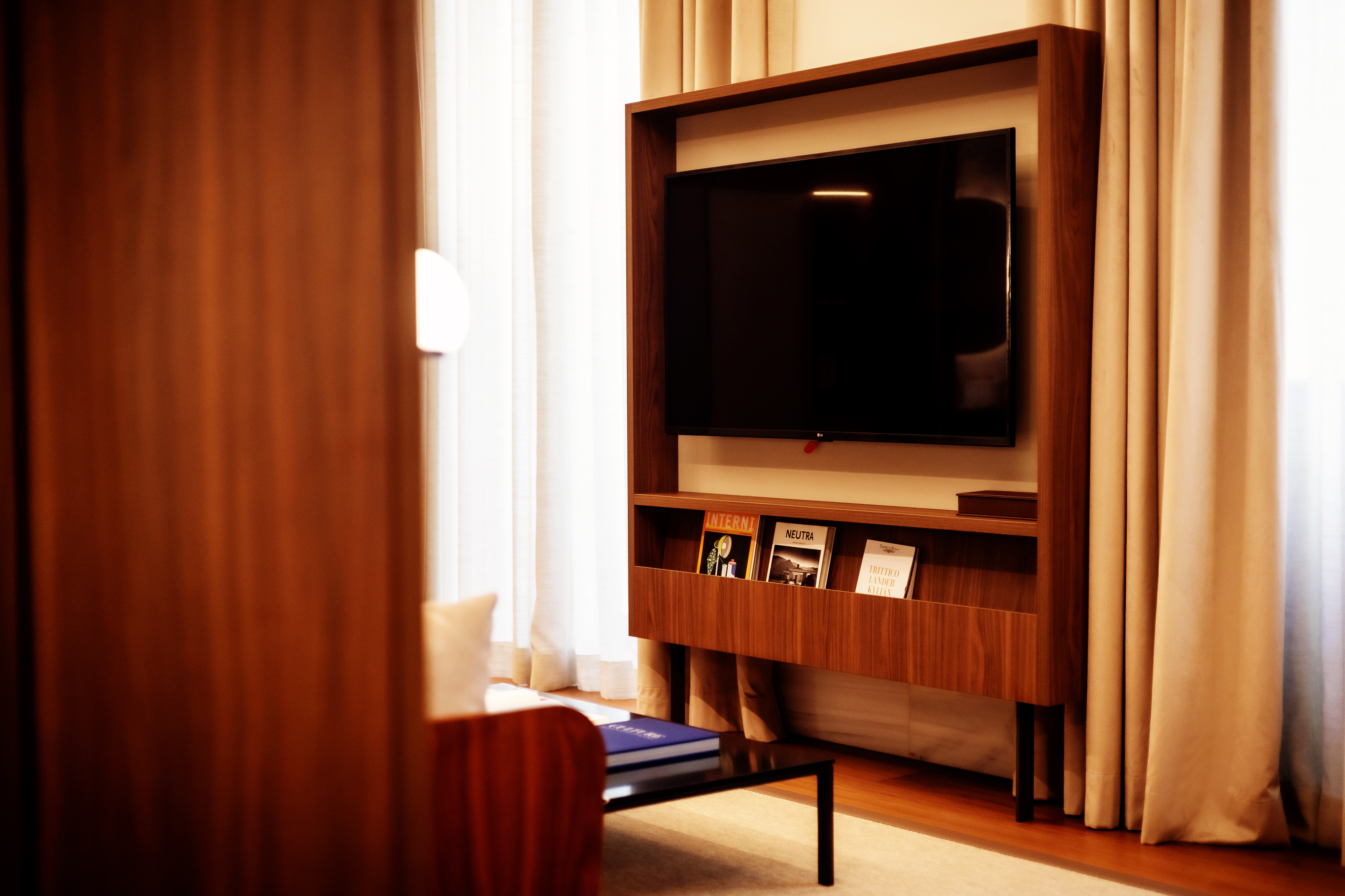 a room with a couch and a coffee table