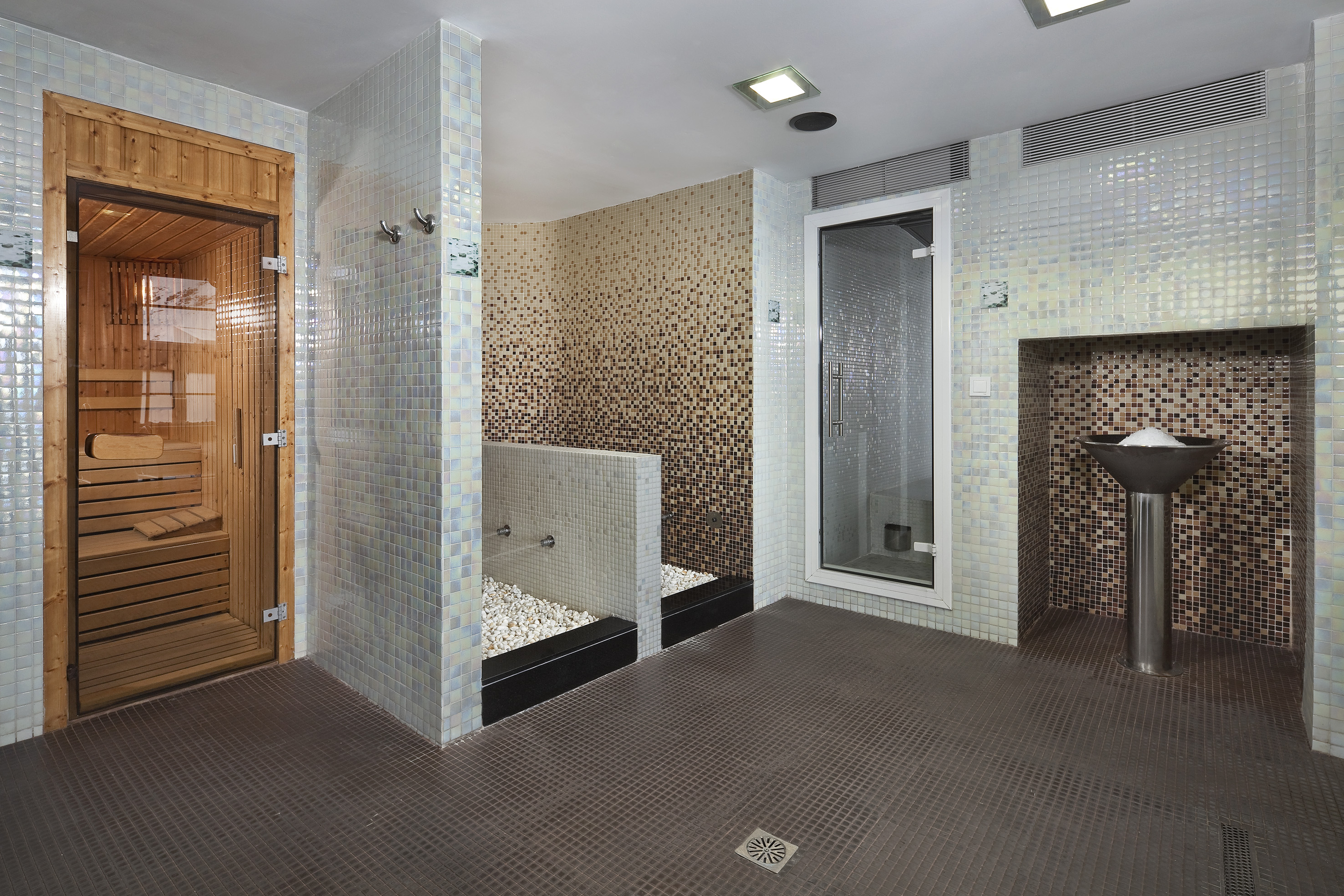 Modern spa with wooden sauna, mosaic tiled showers, and salt basin.