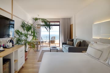 a room with a bed and a couch and a plant