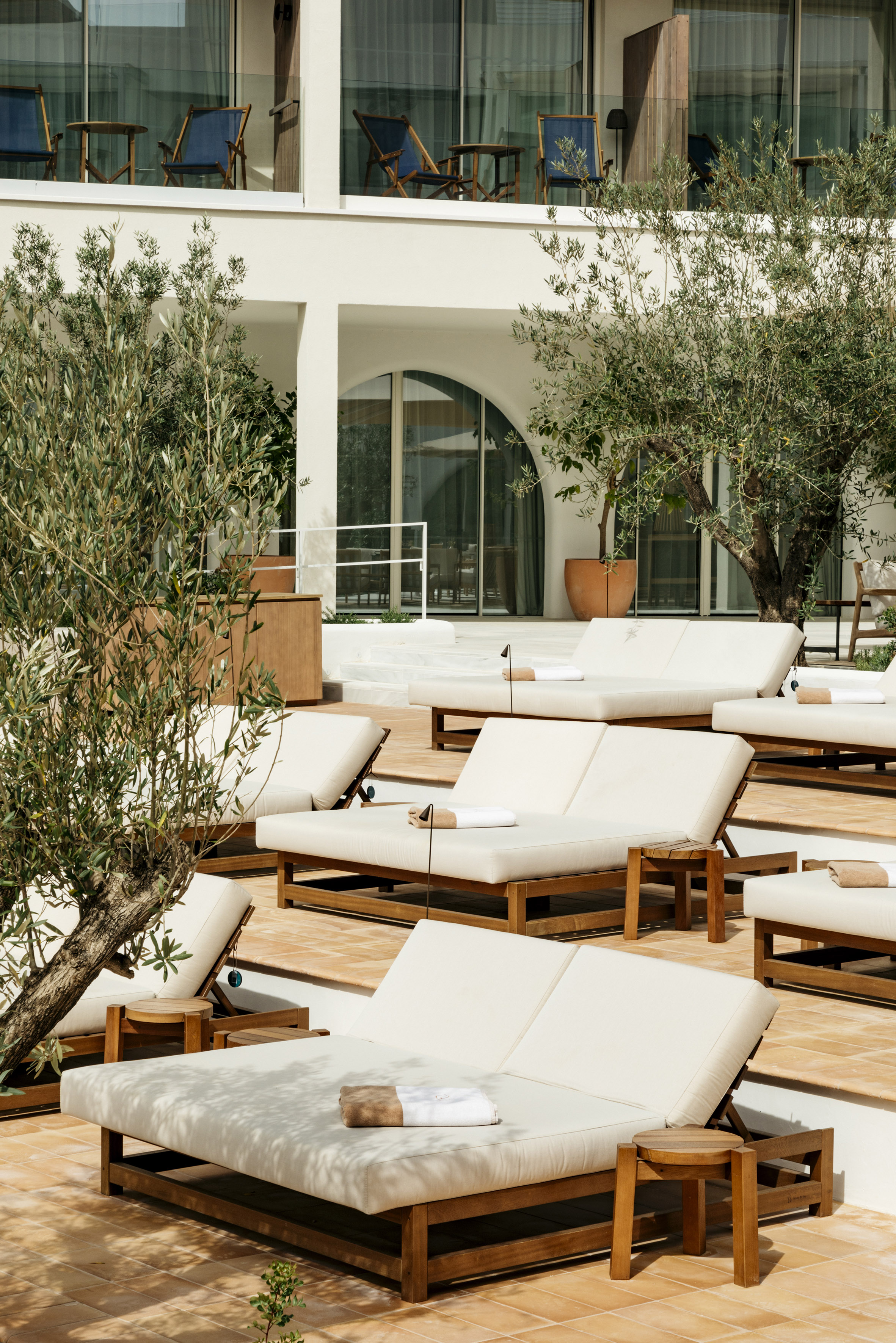 Resort outdoor terrace with sun loungers, olive trees, and modern hotel.