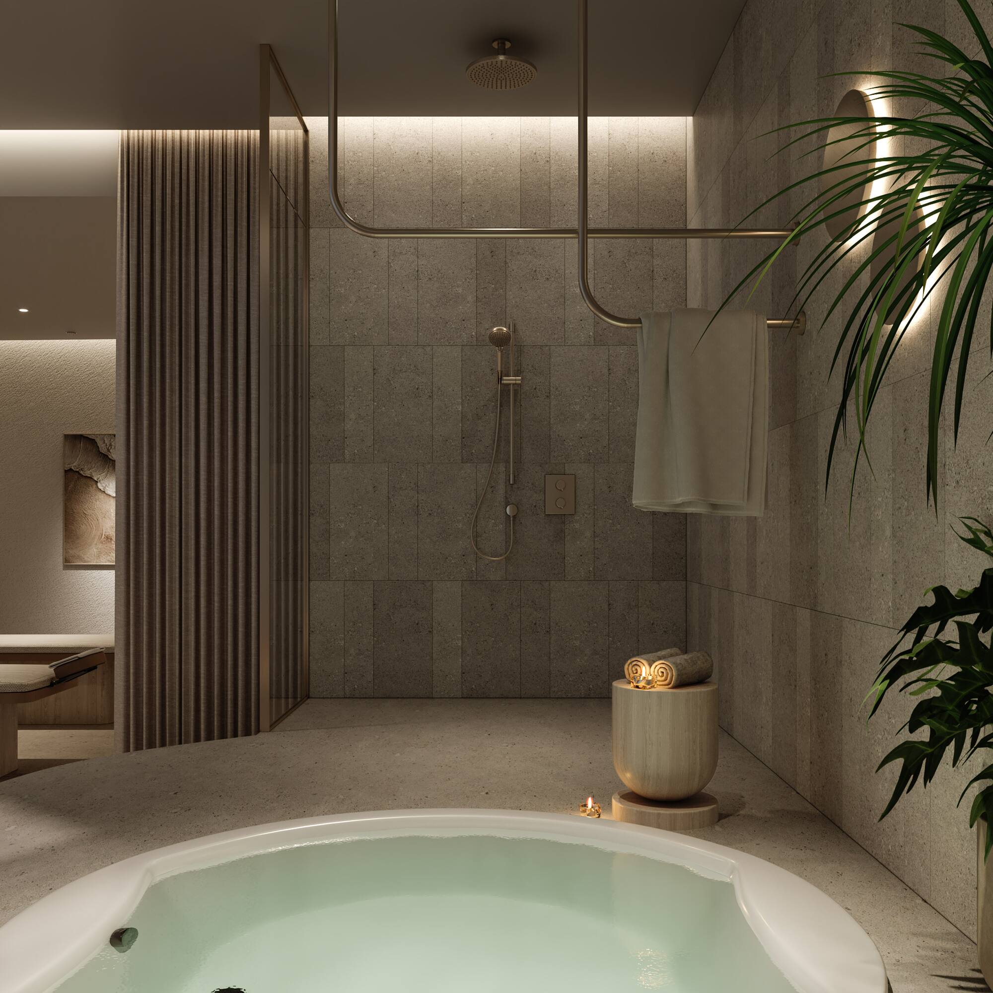 a bathroom with a large tub and shower