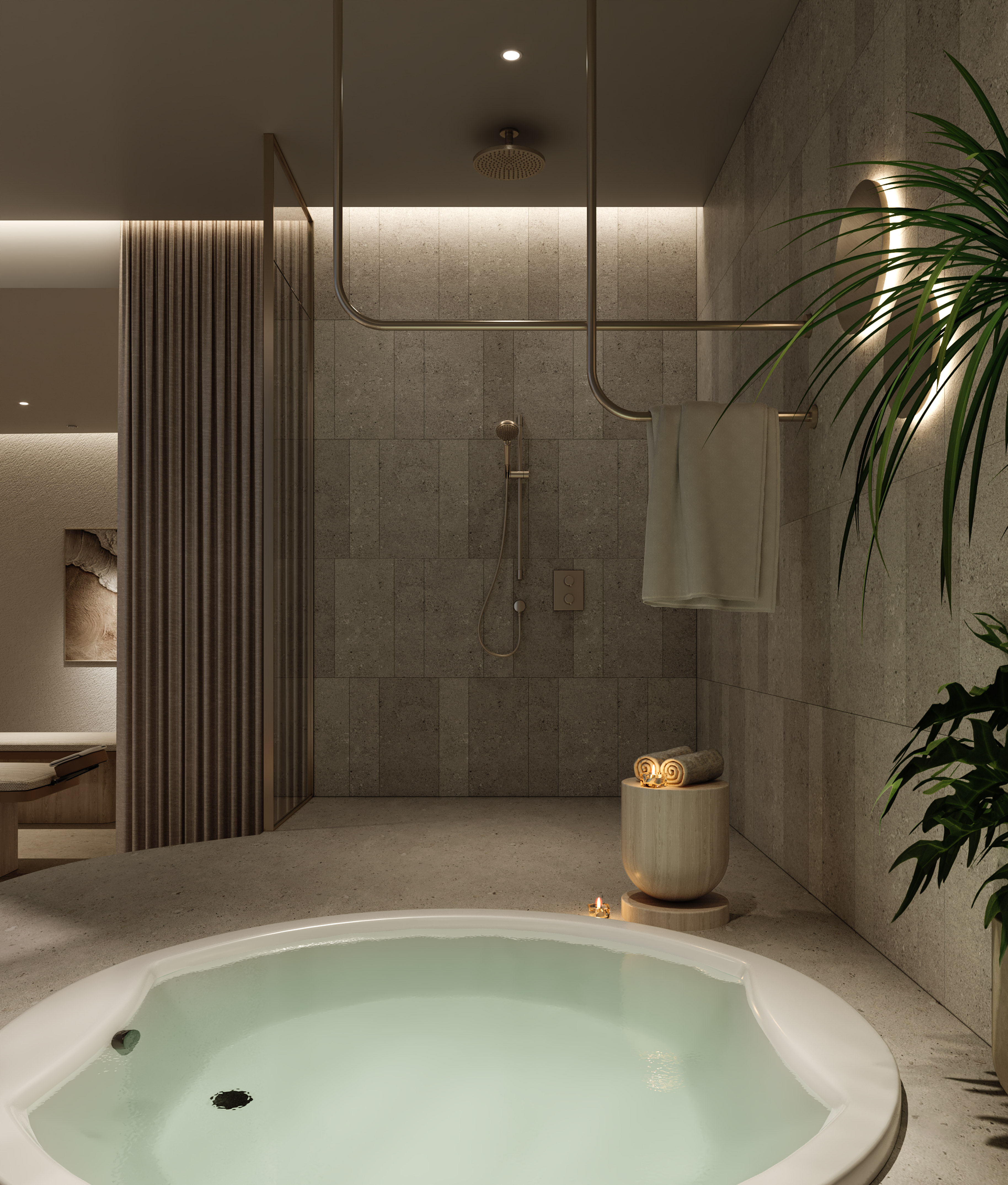Luxury spa bathroom with soaking tub, modern shower, and warm ambient light.