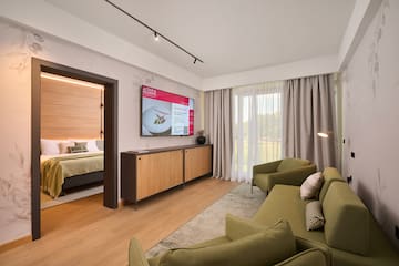 a room with a television and a couch