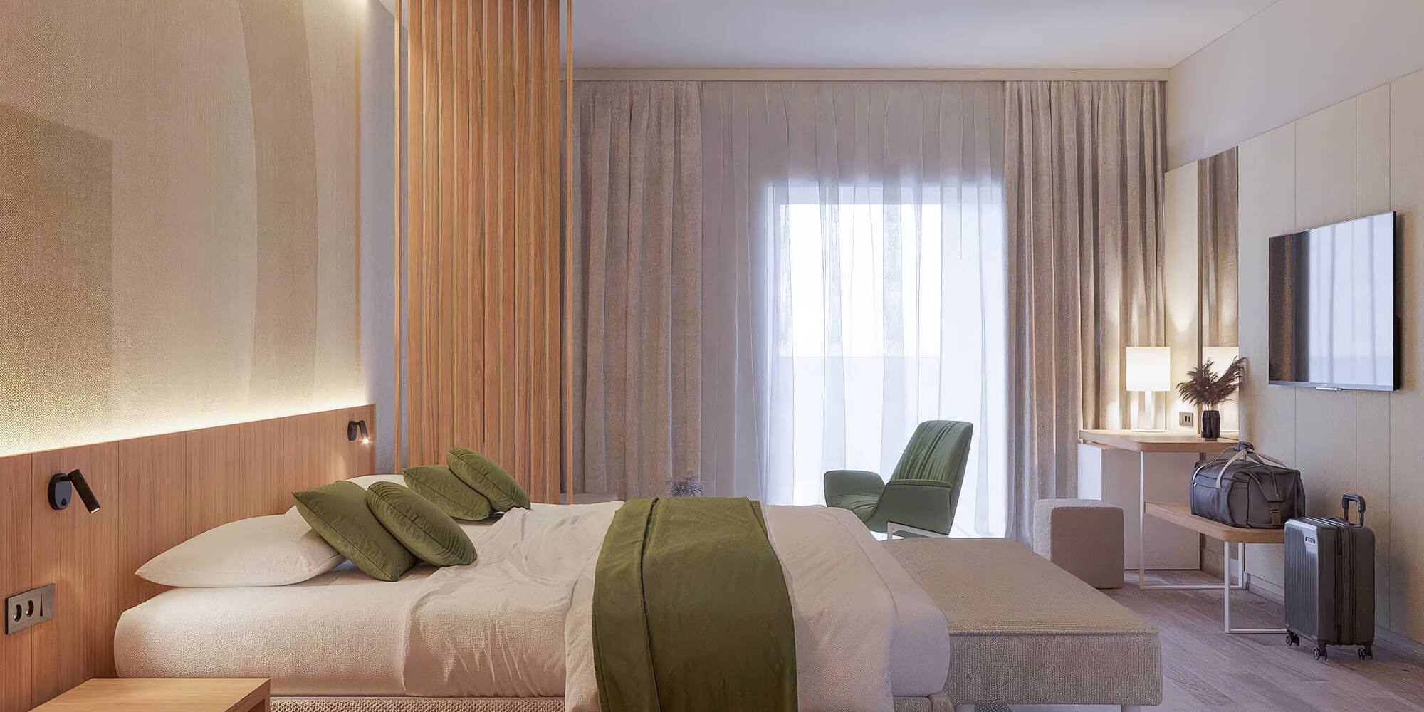 a bedroom with a bed and a chair