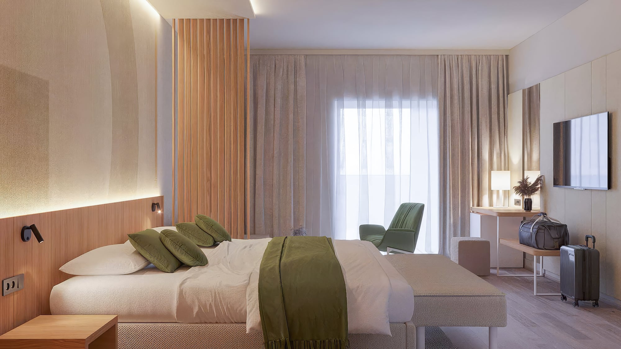a bedroom with a bed and a chair