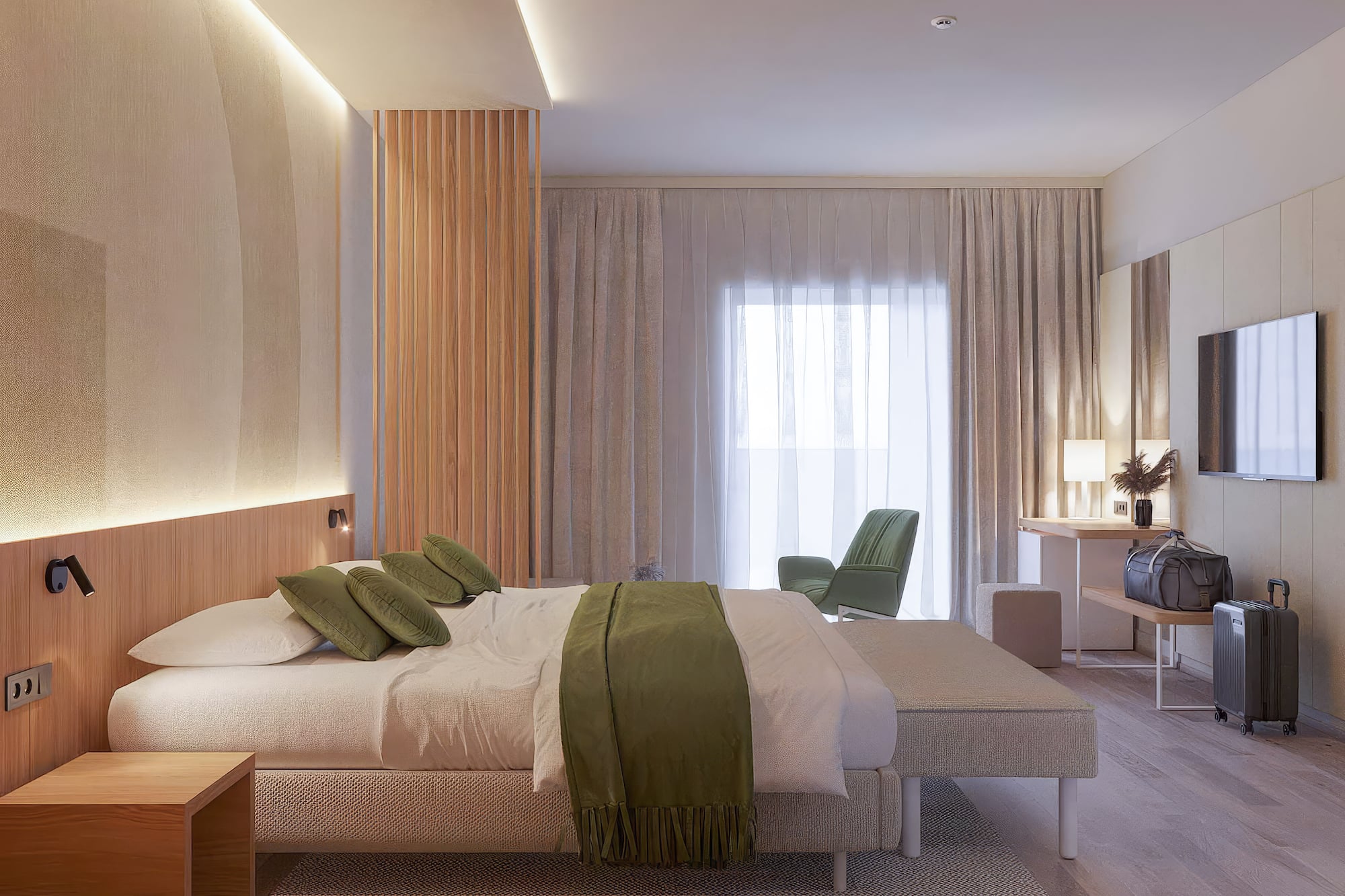 a bedroom with a bed and a chair