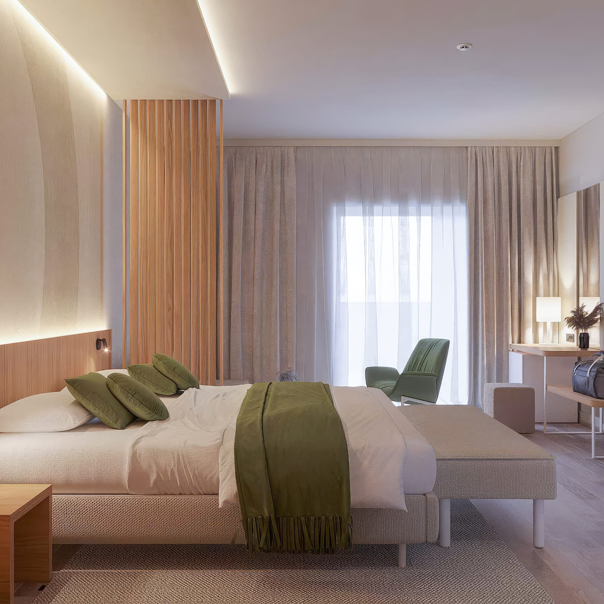 a bedroom with a bed and a chair