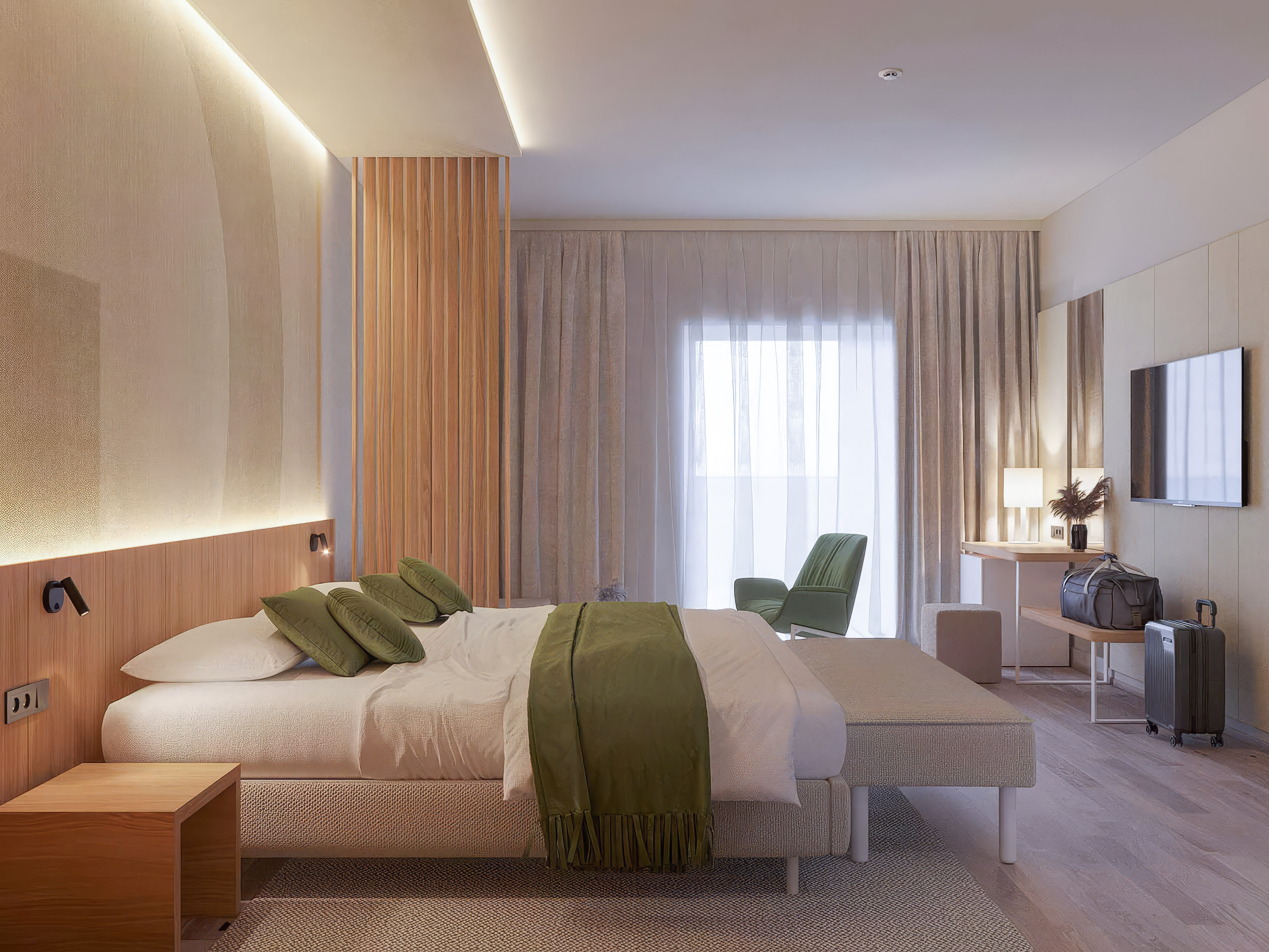 a bedroom with a bed and a chair