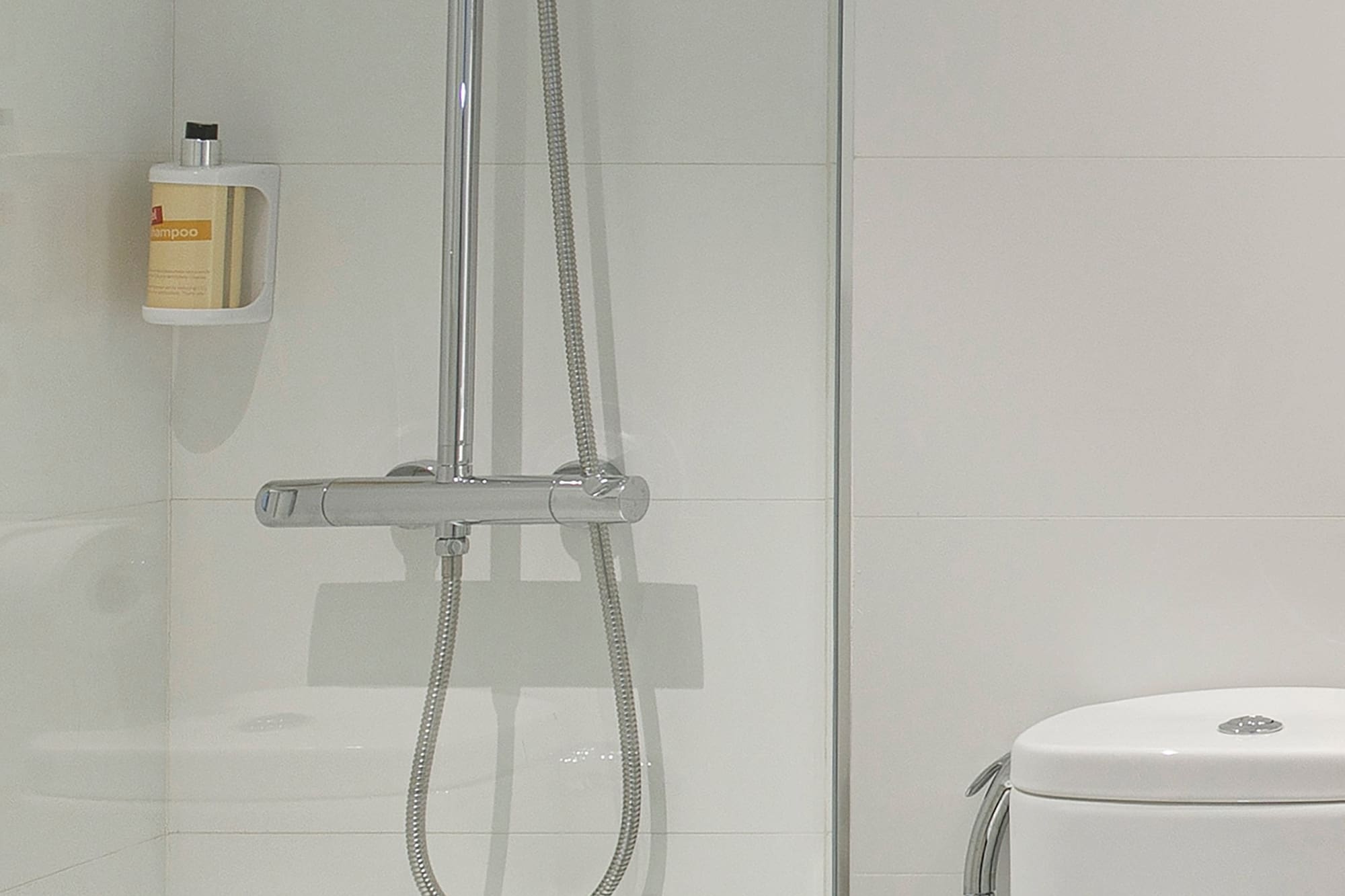 a shower with a hose and a toilet