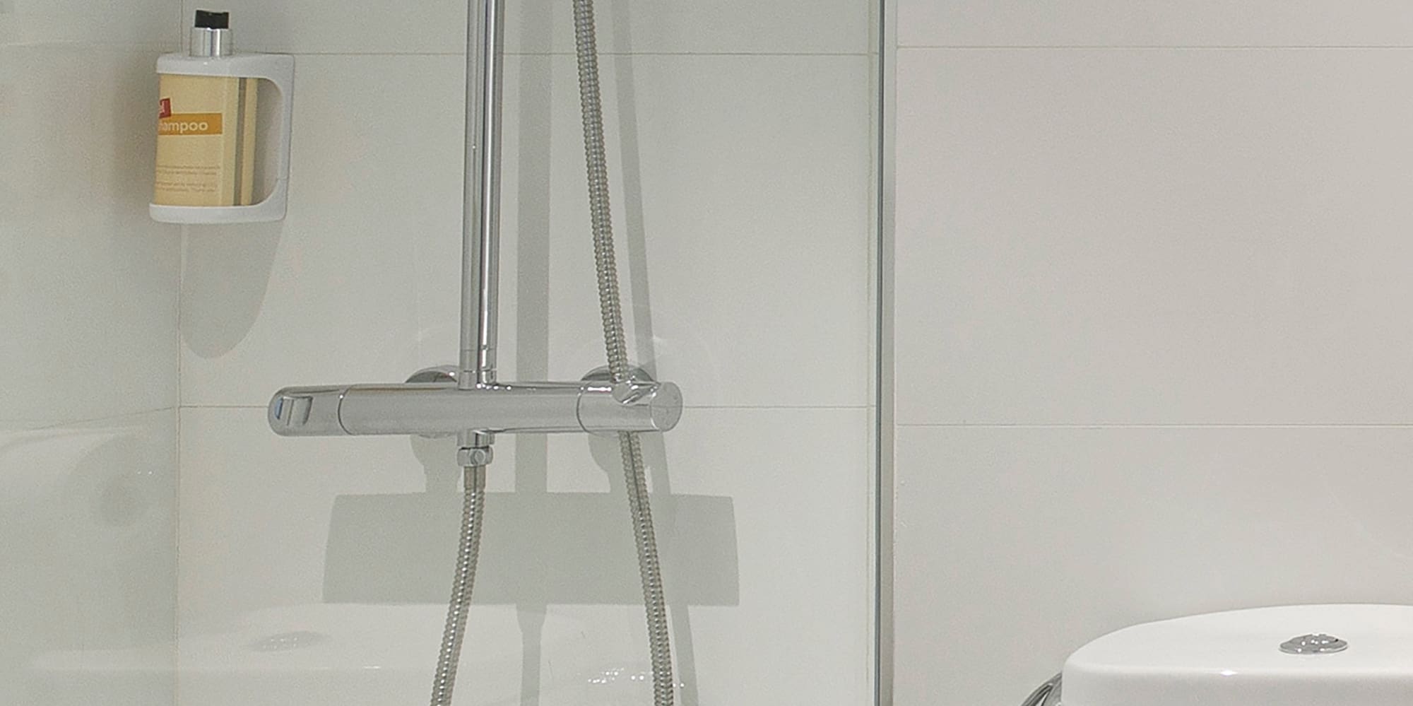 a shower with a hose and a toilet