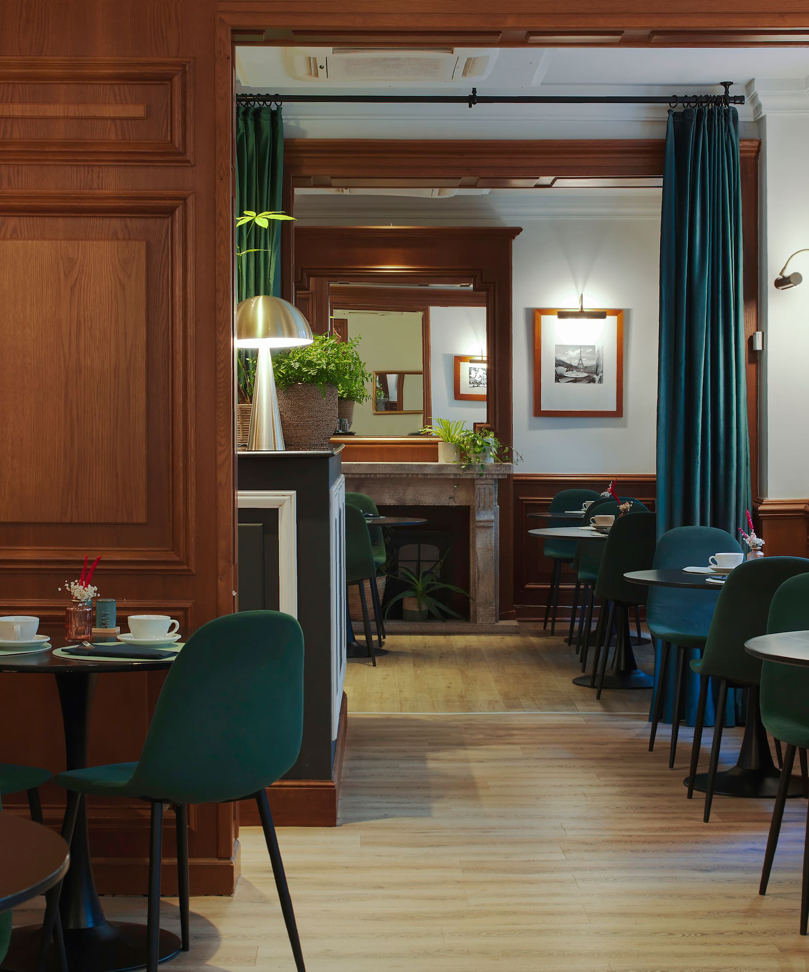 a room with tables and chairs