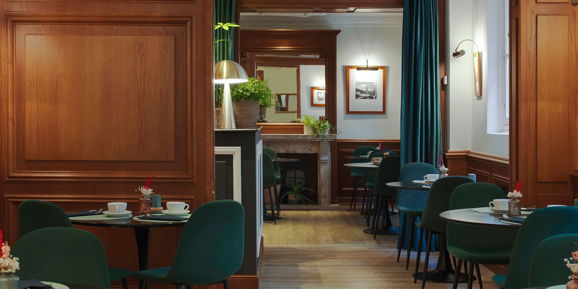 a room with tables and chairs