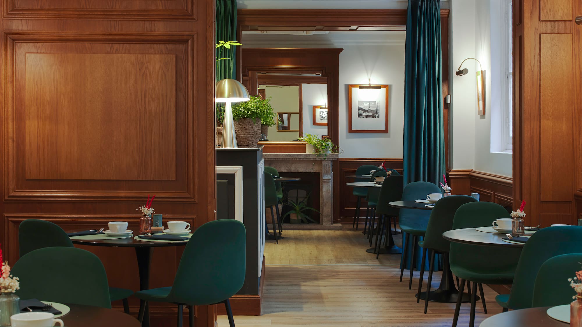 a room with tables and chairs