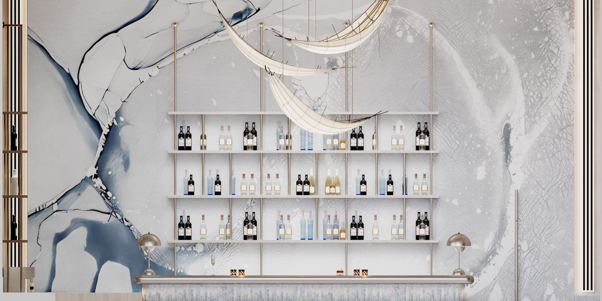 a bar with shelves of bottles and a wall of water