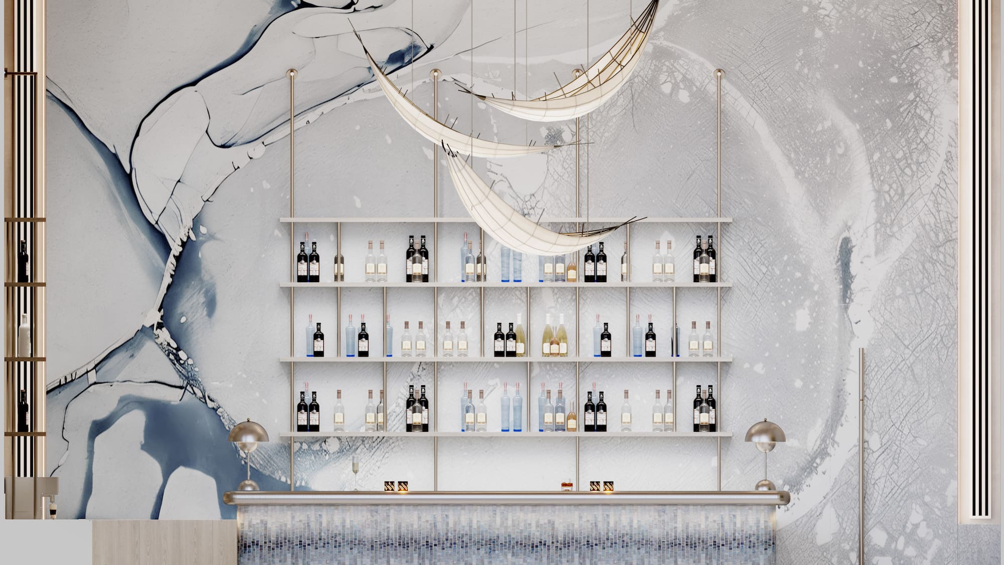 a bar with shelves of bottles and a wall of water