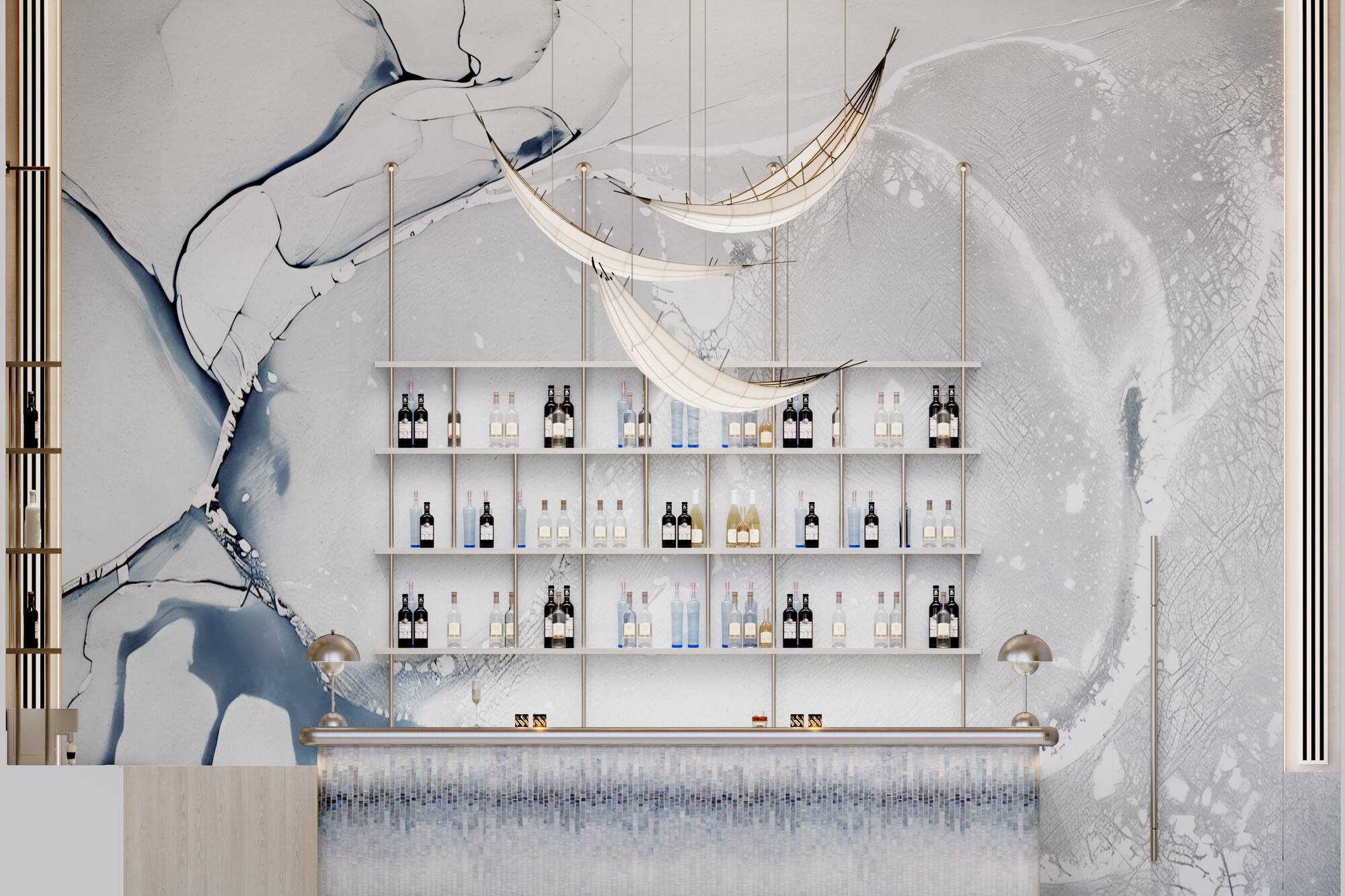 Modern bar with blue marble wall, mosaic counter, and crescent pendant lights.