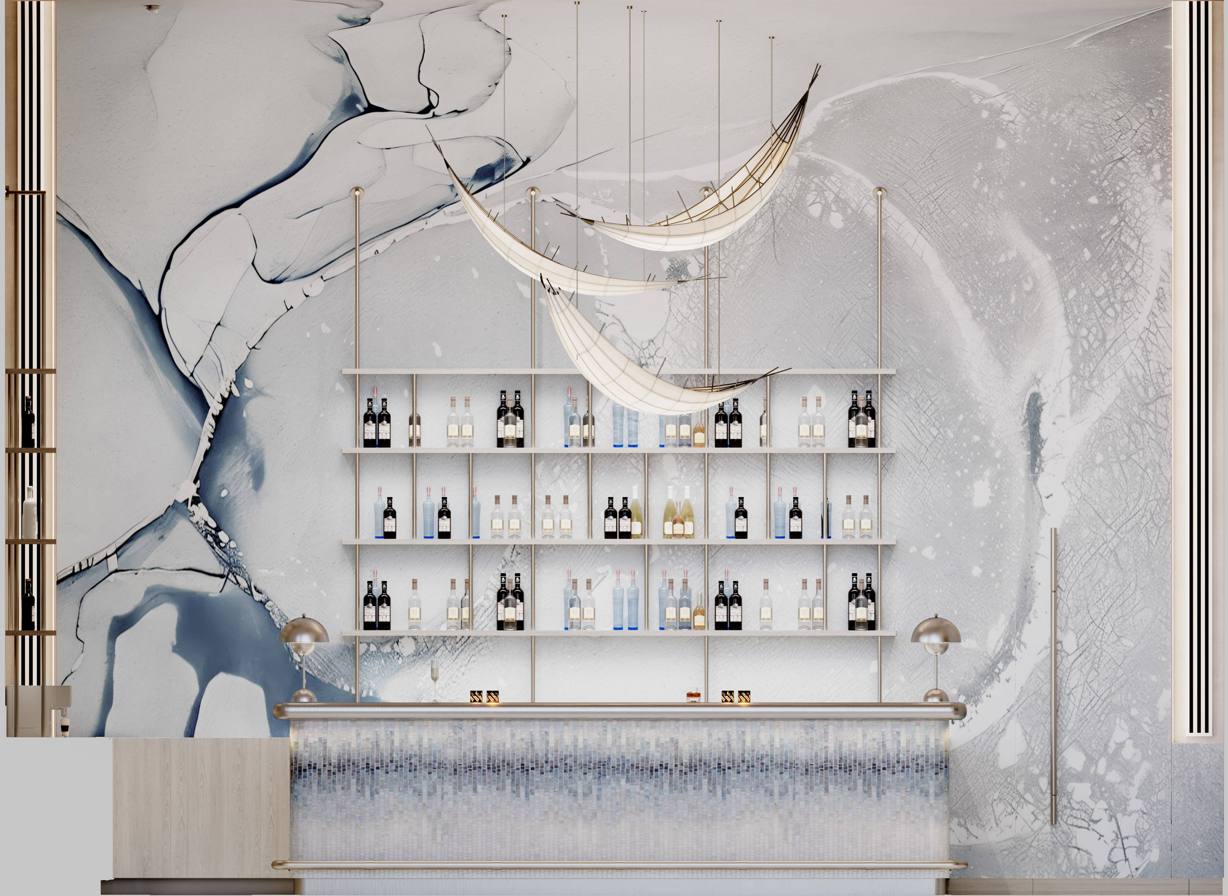 a bar with shelves of bottles and a wall of water