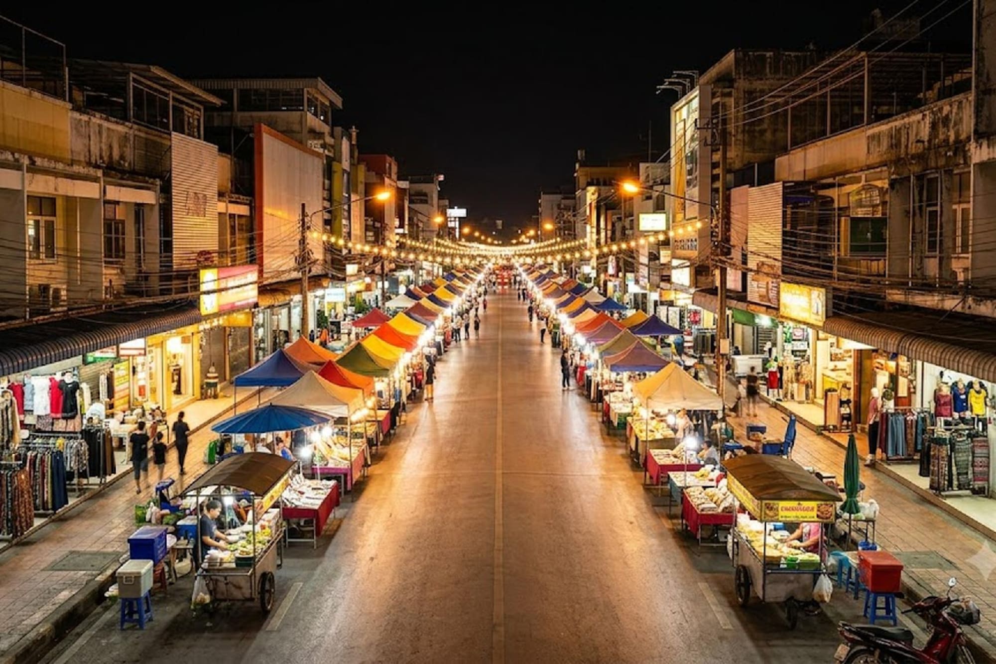 Bustling night market street in Thailand with colorful vendor stalls and lights.