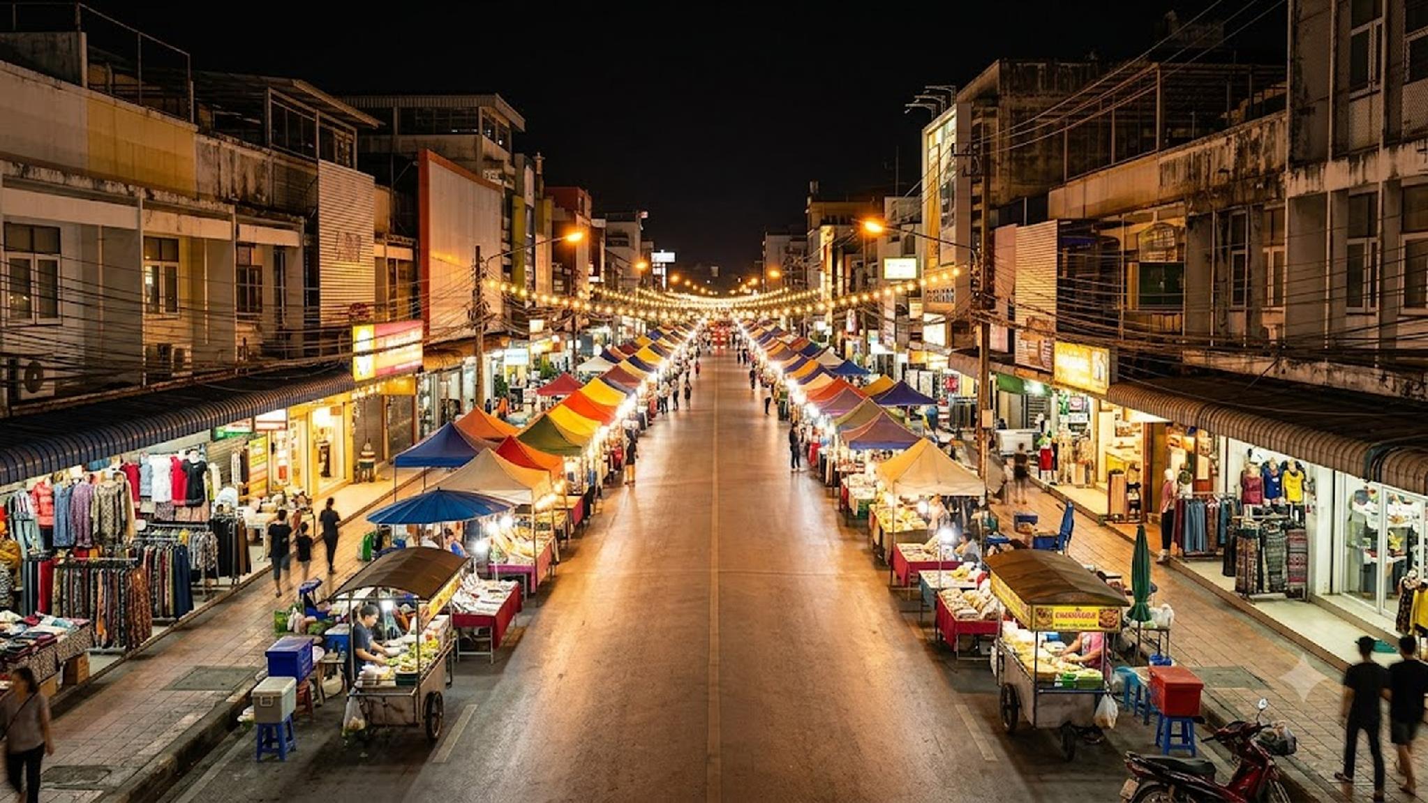 Bustling night market street in Thailand with colorful vendor stalls and lights.